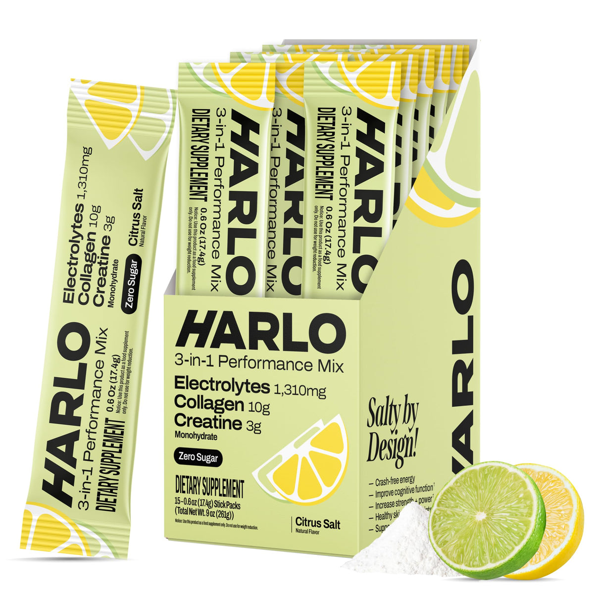 Harlo Electrolytes Stick Pack – le design du sachet met en avant l'hydratation sportive.