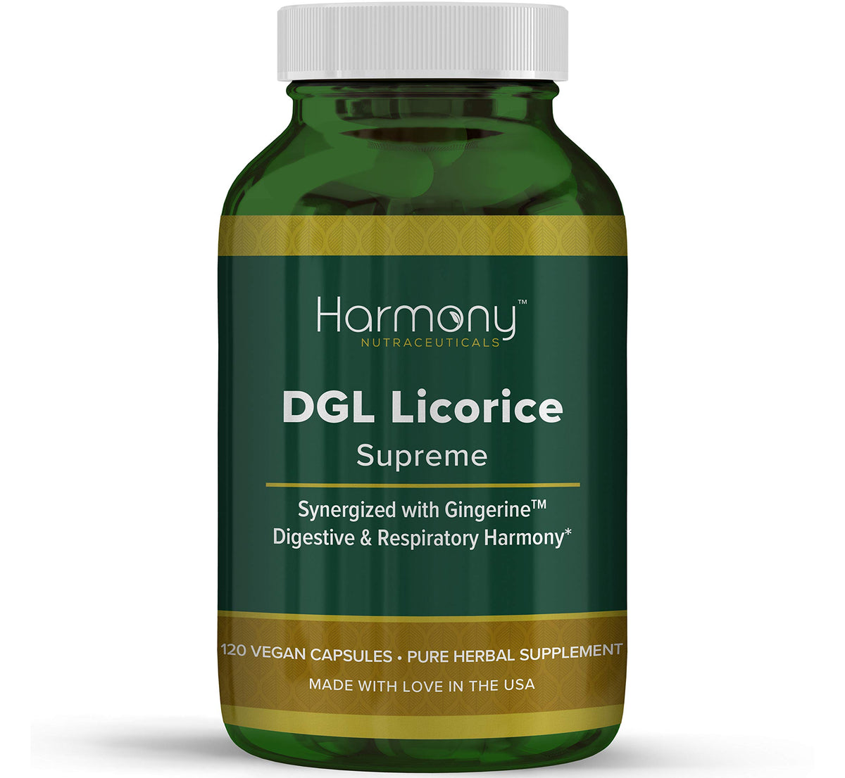 Harmony Nutraceuticals DGL Réglisse suprême – bouteille de capsules véganes pour un soutien digestif potentiel.