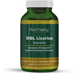 Harmony Nutraceuticals DGL Réglisse suprême – bouteille de capsules véganes pour un soutien digestif potentiel.
