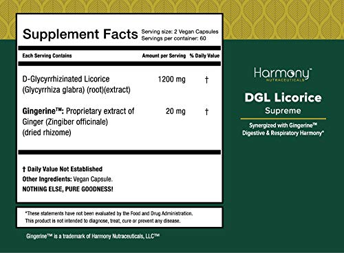 Harmony Nutraceuticals DGL Réglisse suprême – conditionnement 120 capsules véganes pour long terme.