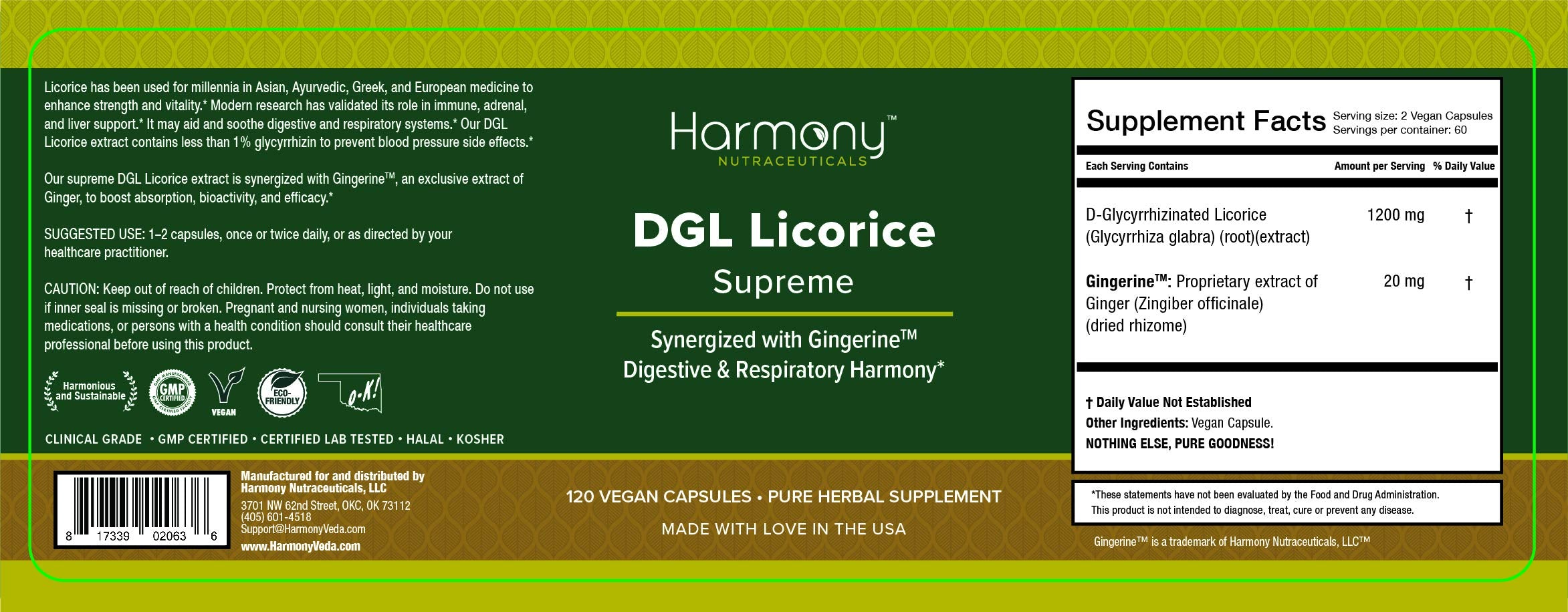 Harmony Nutraceuticals DGL Réglisse suprême – mise en avant des ingrédients véganes pour une formulation pure.