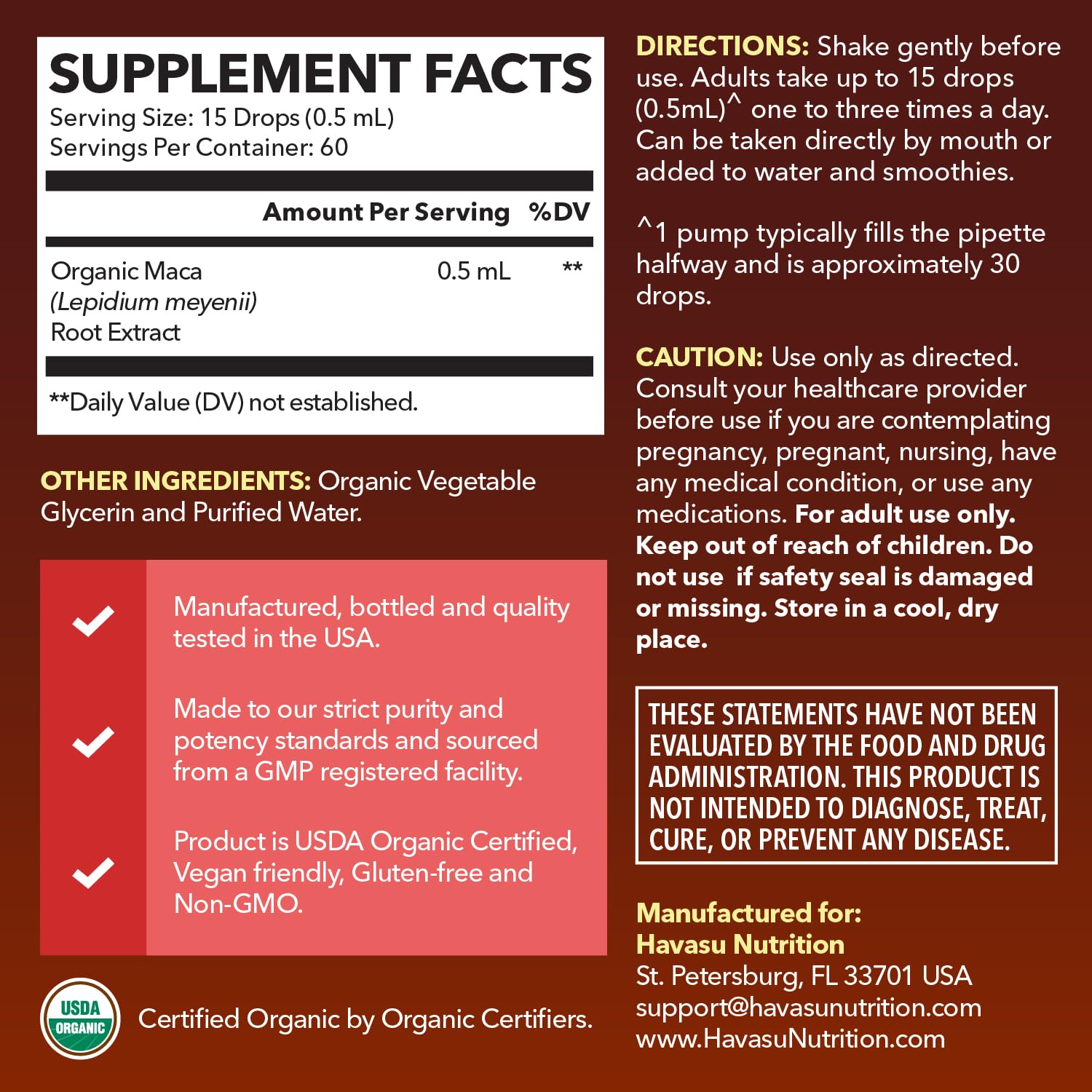 HAVASU NUTRITION Maca liquide gouttes – précision du dosage et commodité.