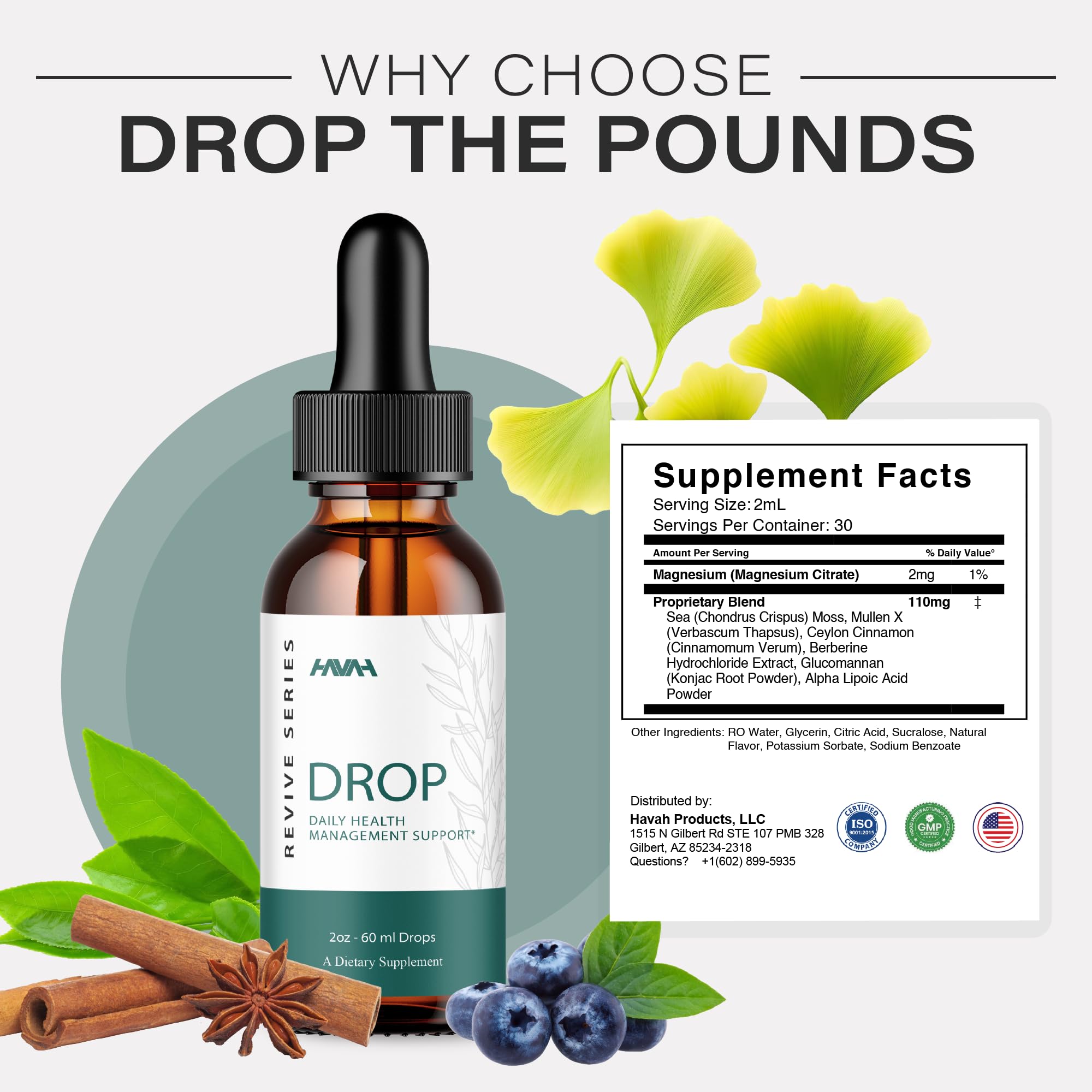 Havah DropThePounds, etiquette-bouteille, étiquette claire pour les ingrédients