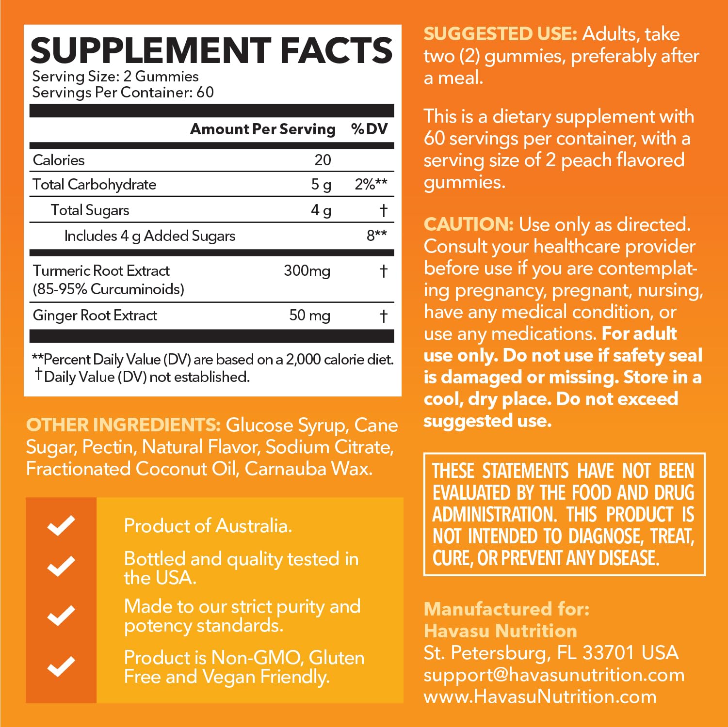 Gummies HAVASU Curcuma Gingembre pêche, dose pratique en bouteille pour l'usage quotidien