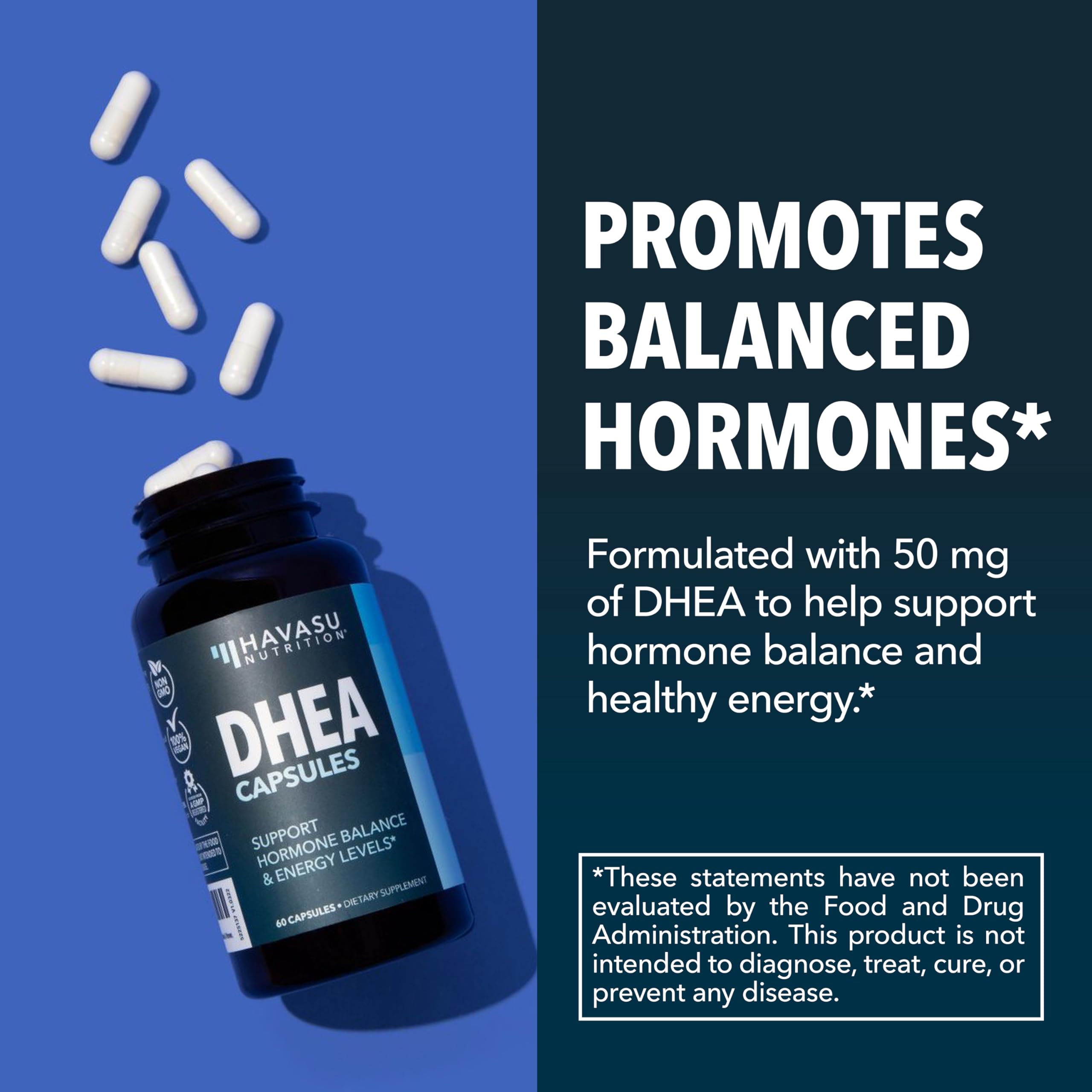 Étiquette végan sur le packaging DHEA HAVASU NUTRITION, conforme aux choix