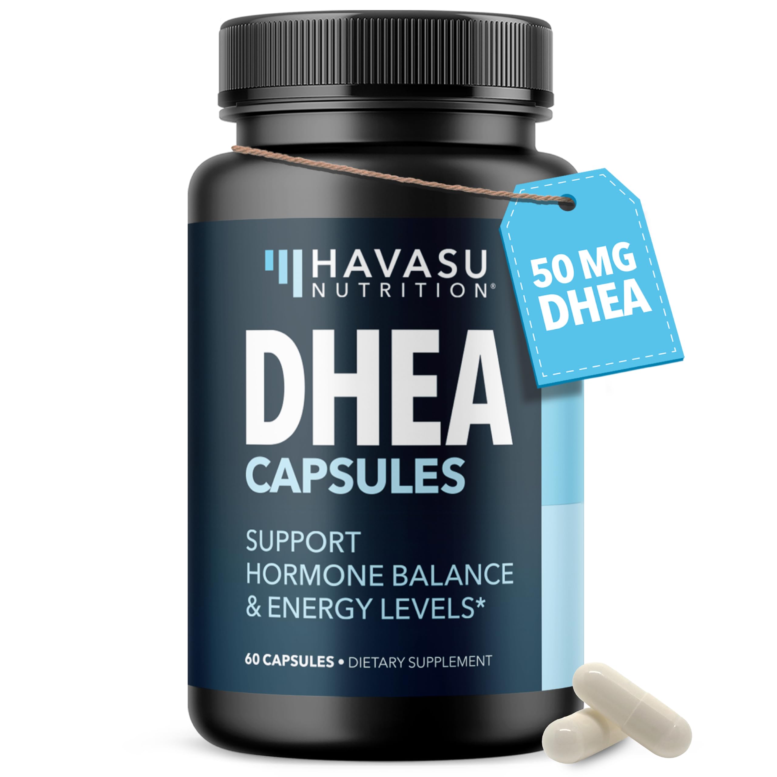 Gélules DHEA 50 mg de HAVASU NUTRITION dans une boîte, présentation professionnelle et claire