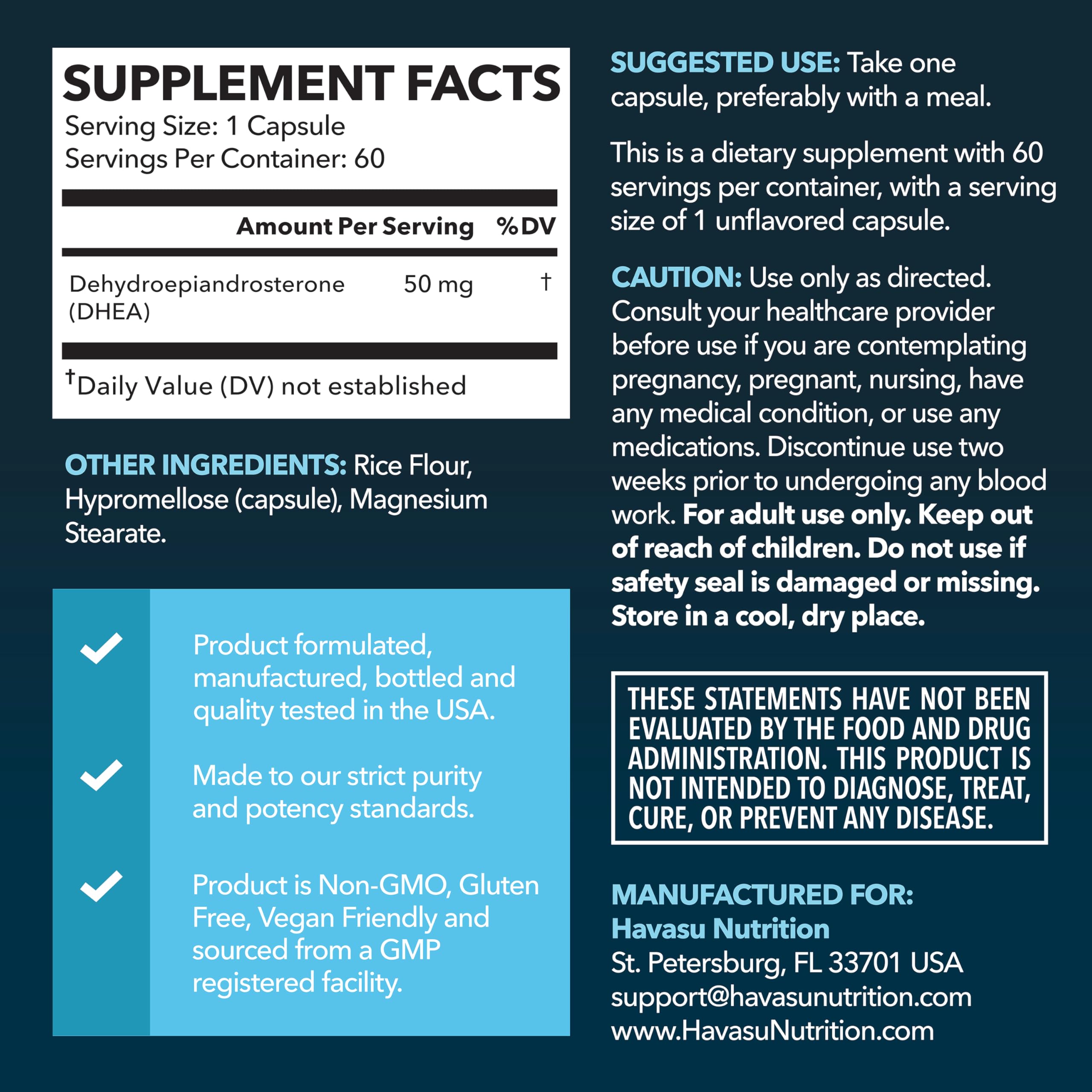 Bouteille de gélules DHEA 50 mg HAVASU NUTRITION, usage quotidien pratico-décisif