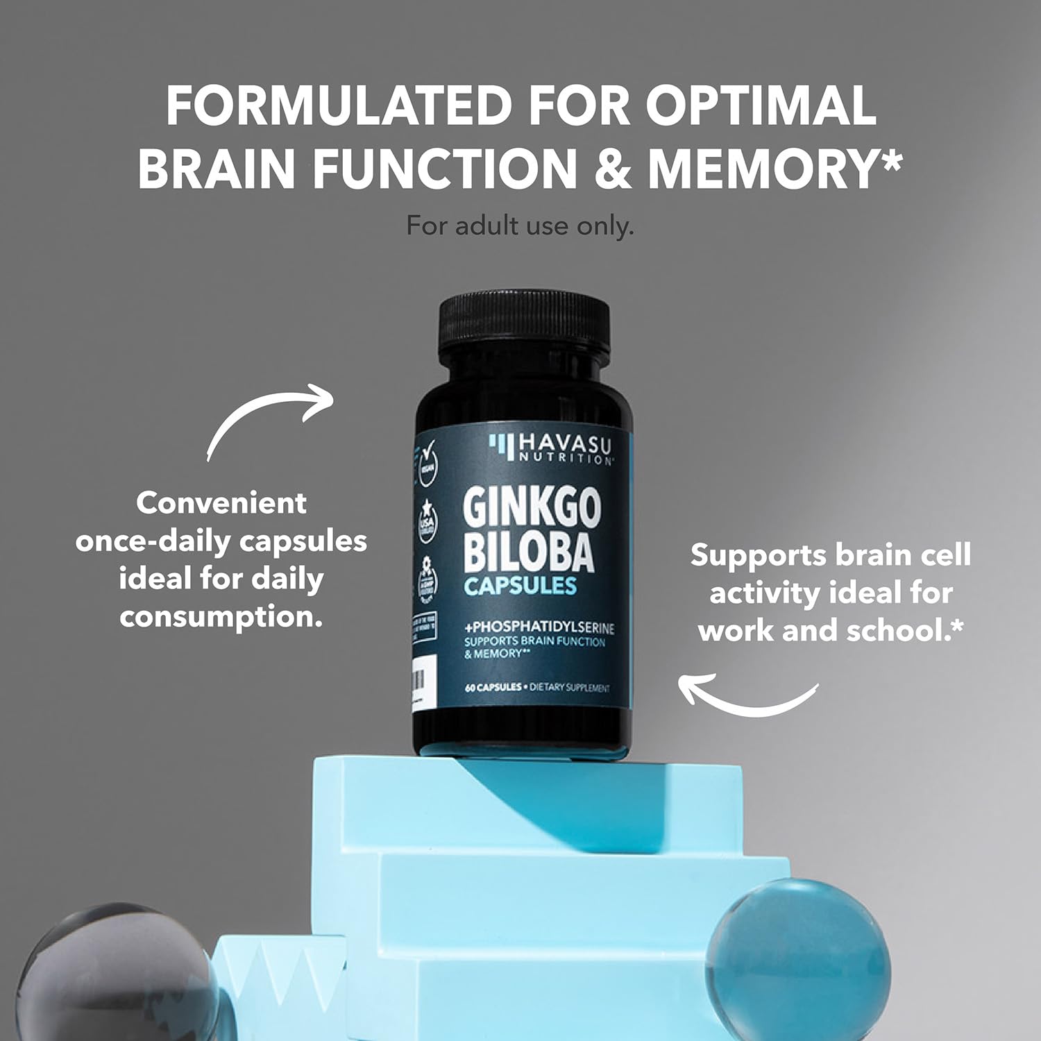 HAVASU Ginkgo Biloba 120mg – emballage compact pour le voyage et la vie active.