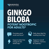 HAVASU Ginkgo Biloba 120mg – etiquette nutritionnelle claire des ingrédients clés.