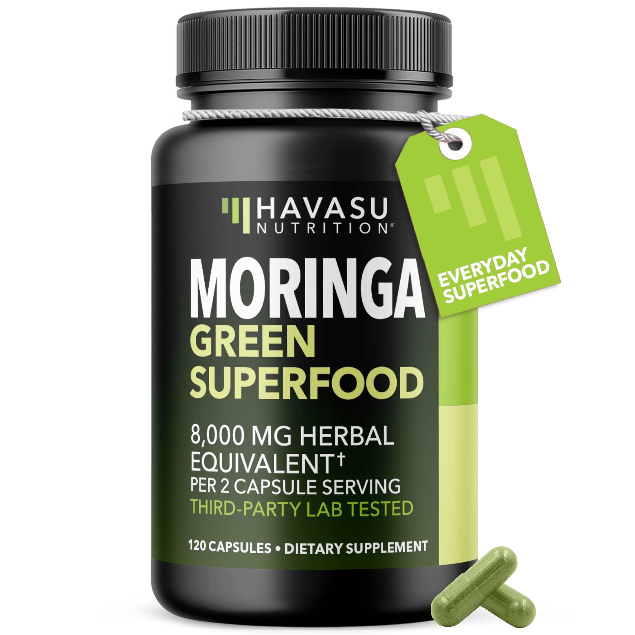 Capsules Havasu Moringa dans la bouteille, prise quotidienne pratique.