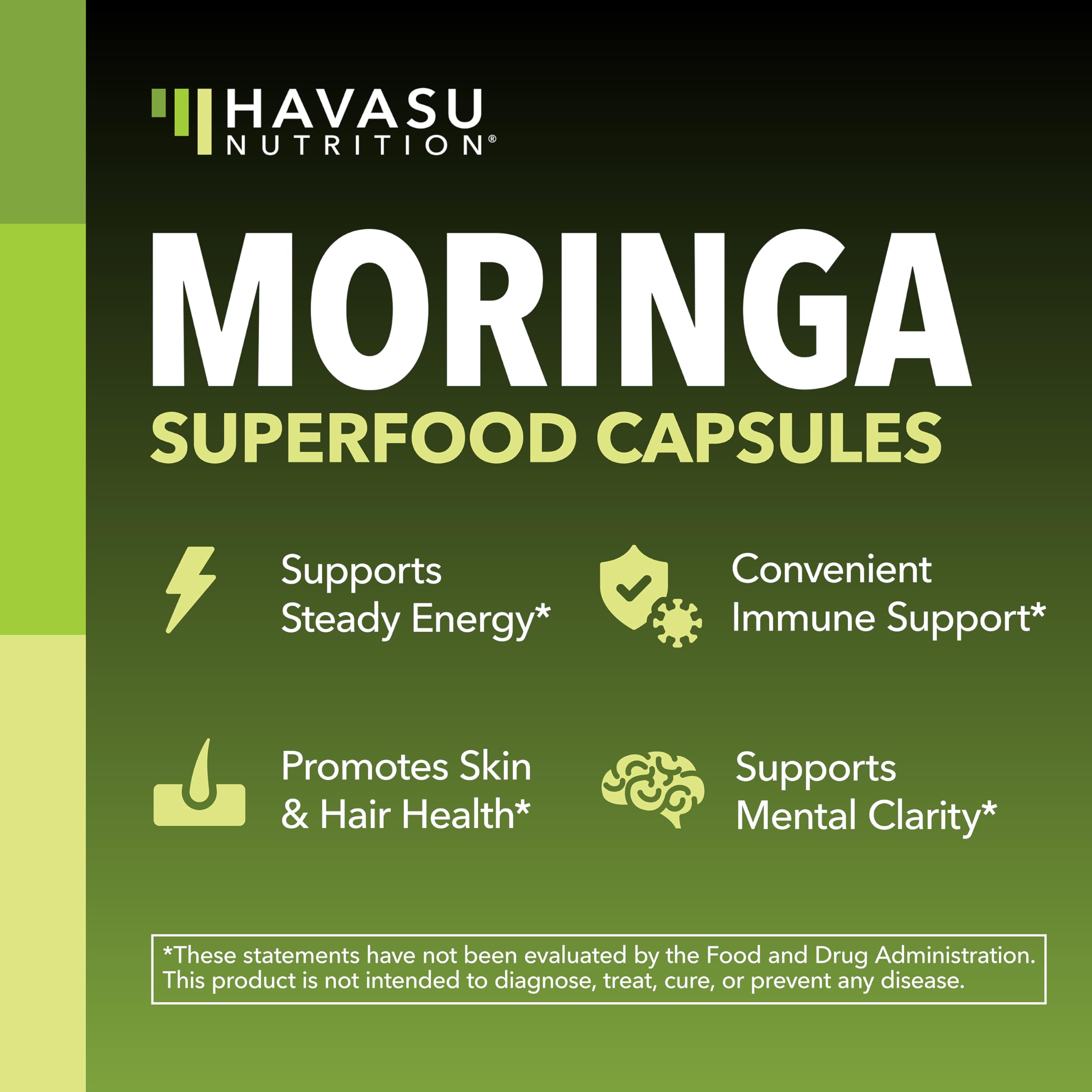 Capsules vertes Havasu Moringa, facile à intégrer à la routine.
