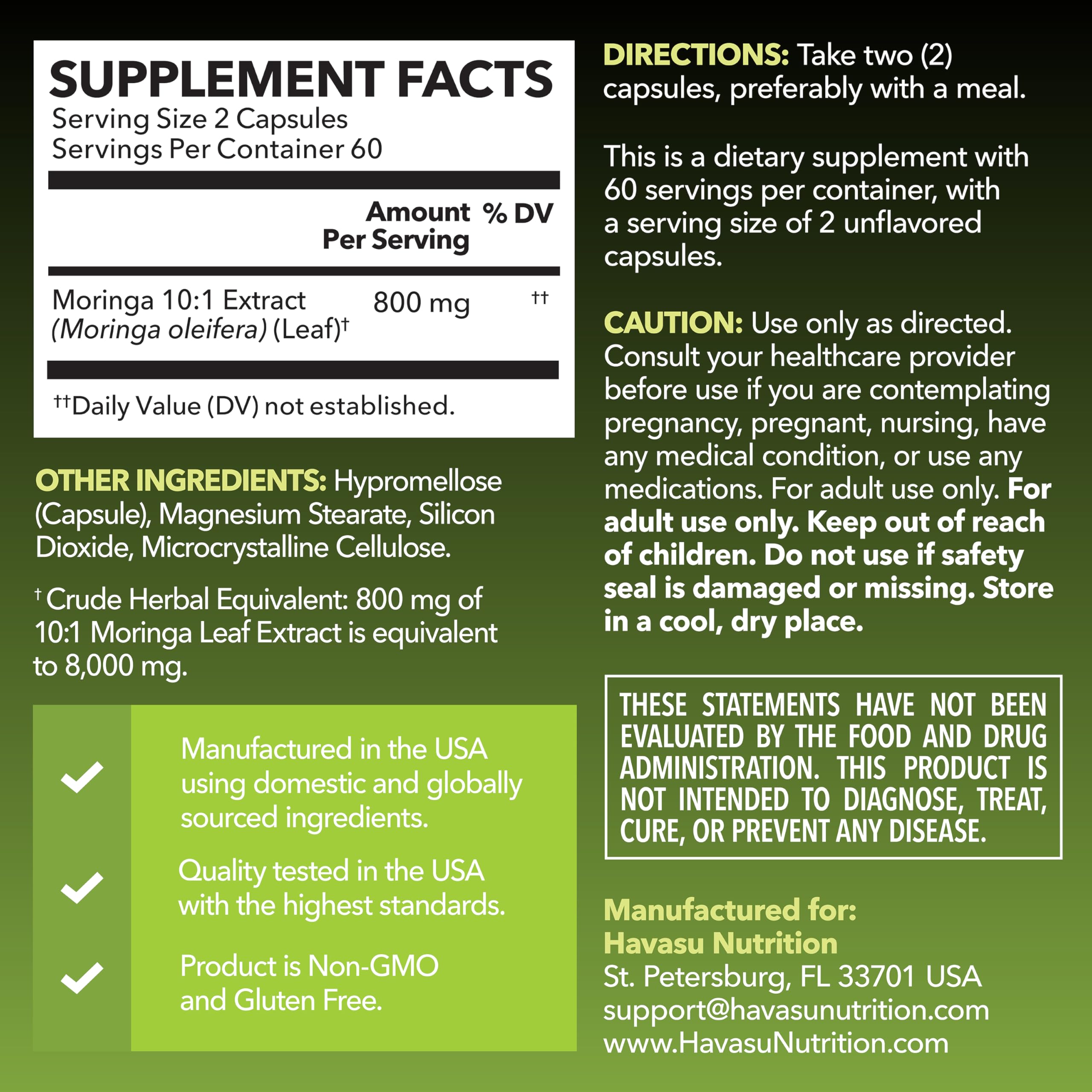 Étiquette Havasu Moringa en gros plan, informations claires sur l’origine végétale.