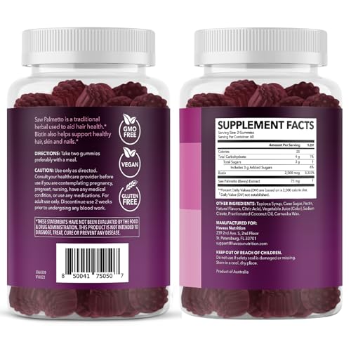 Étiquette HAVASU NUTRITION claire, palmier-nain et biotine pour cheveux sains