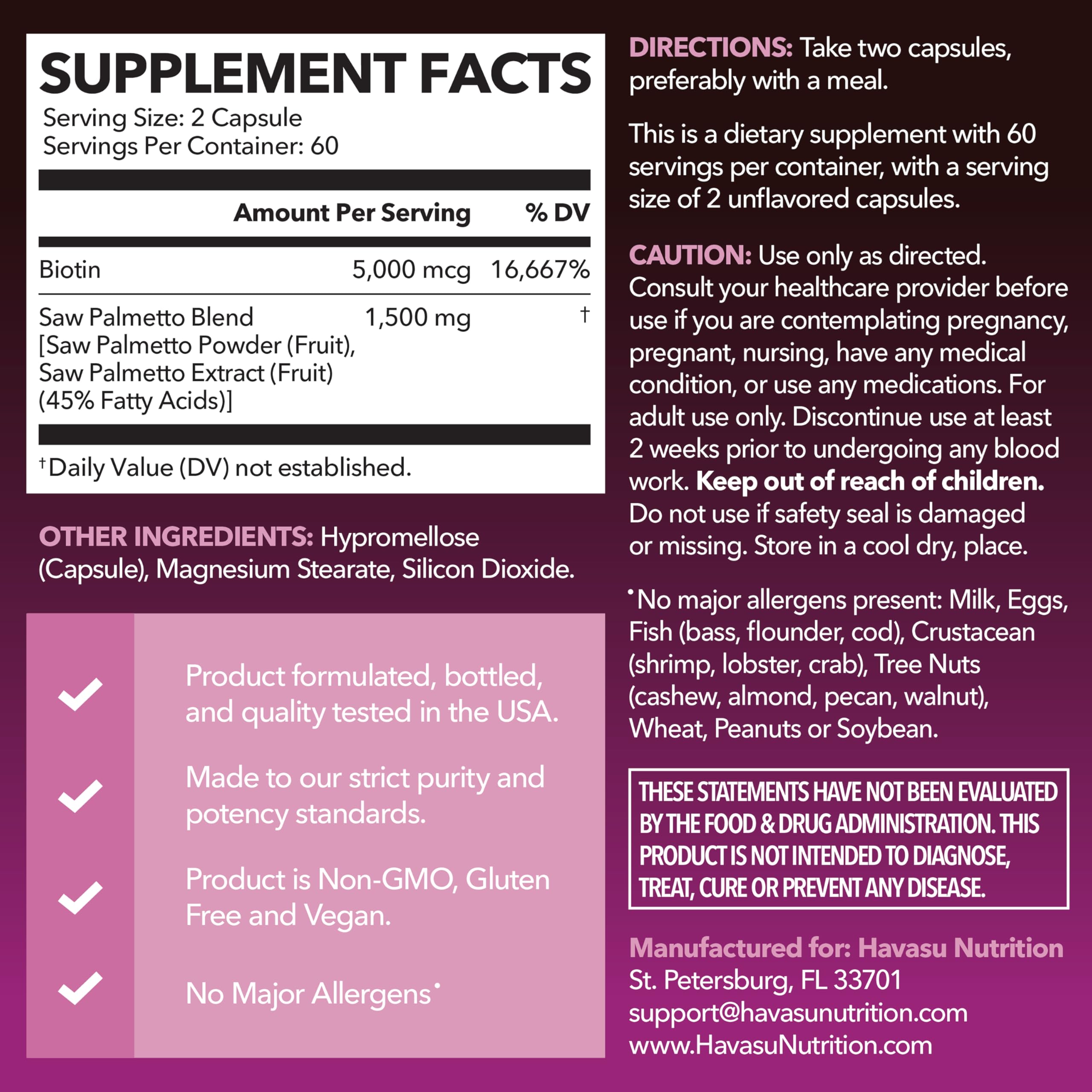 Capsules végétales Havasu Saw Palmetto Biotine prêtes à l’emploi.