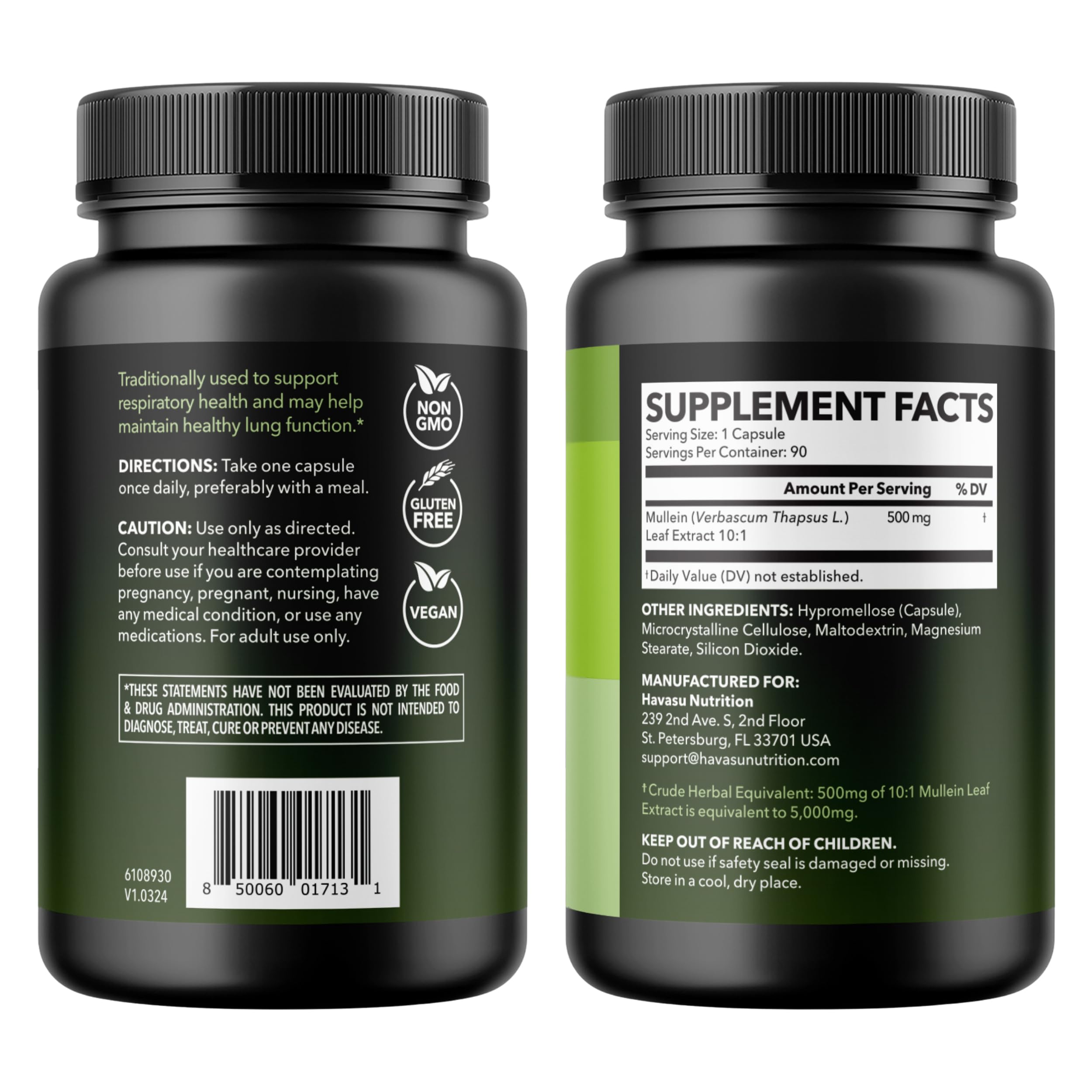 Étiquette HAVASU NUTRITION sans OGM et sans gluten, adaptée.