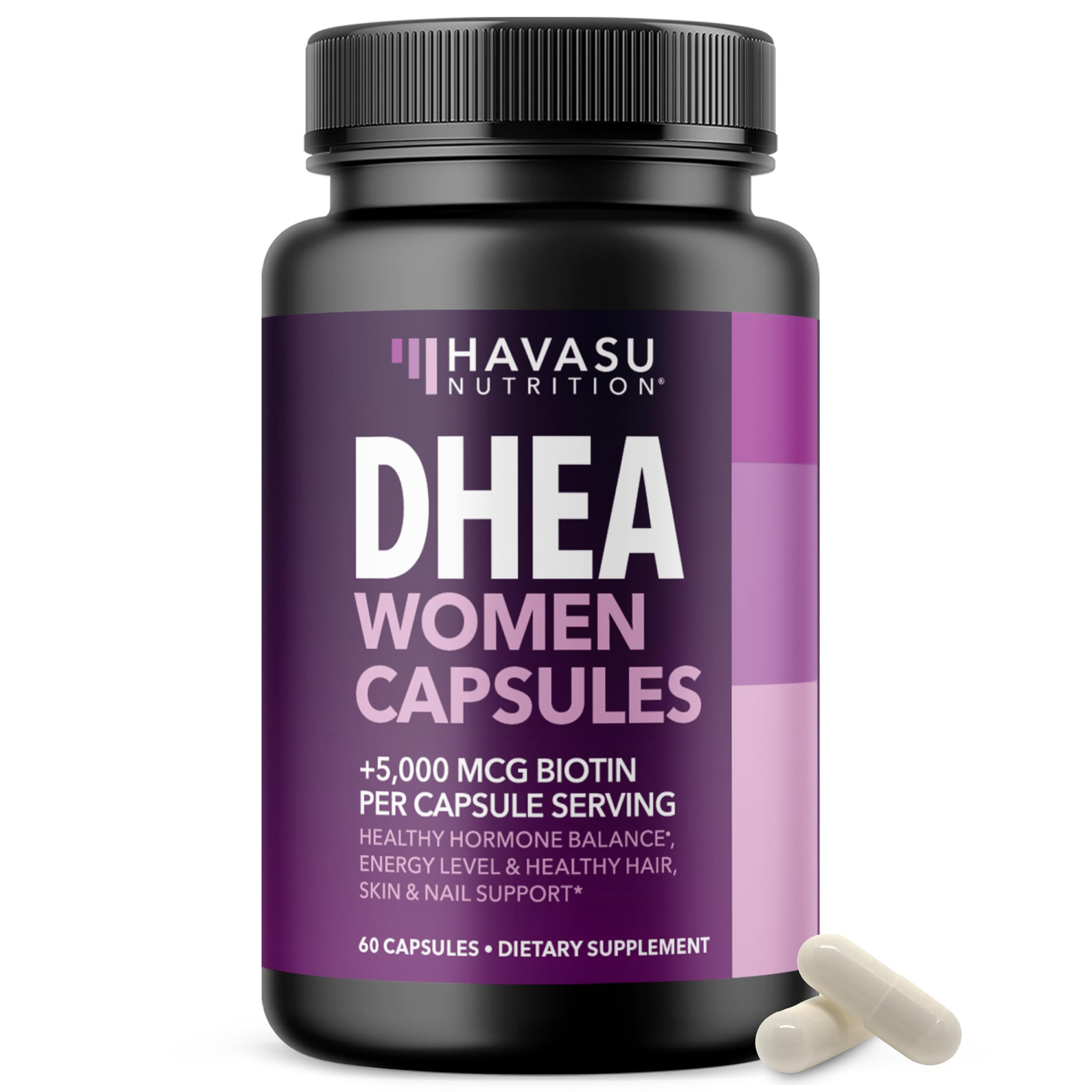 Capsule DHEA et Biotine par Havasu Nutrition pour soutien hormonal et beauté.