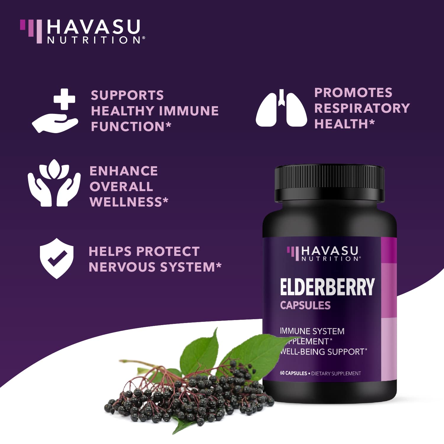 Capsules Sureau noir HAVASU NUTRITION, dosage quotidien pratique.