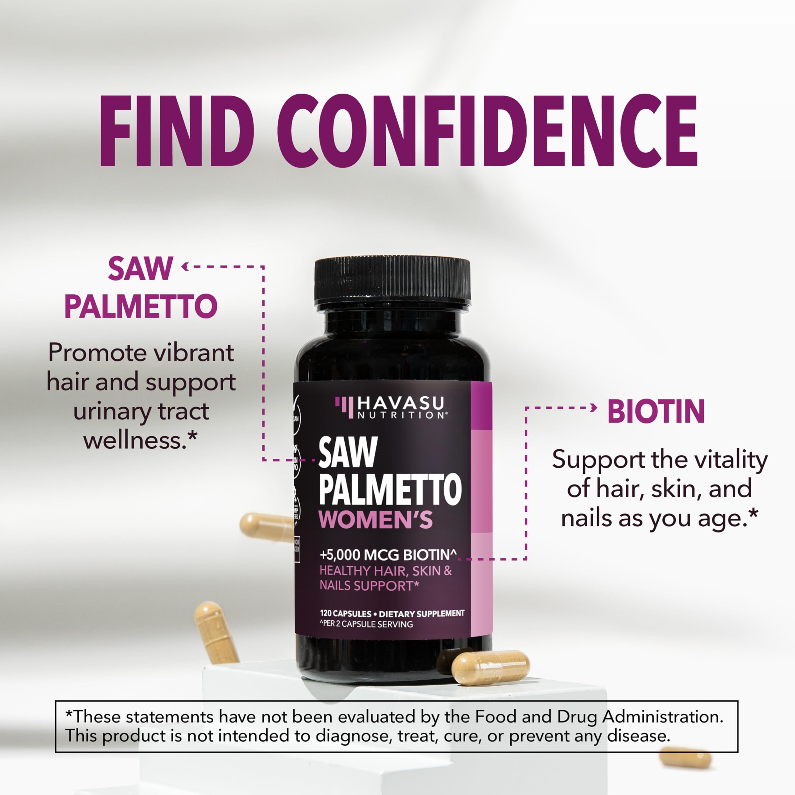 Emballage compact Havasu Saw Palmetto Biotine pour deux mois.