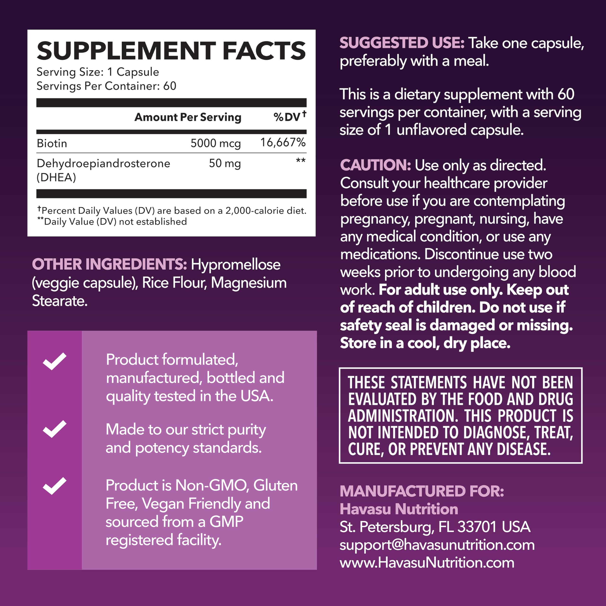 Capsule DHEA et Biotine par Havasu Nutrition, équilibre hormonal et énergie.