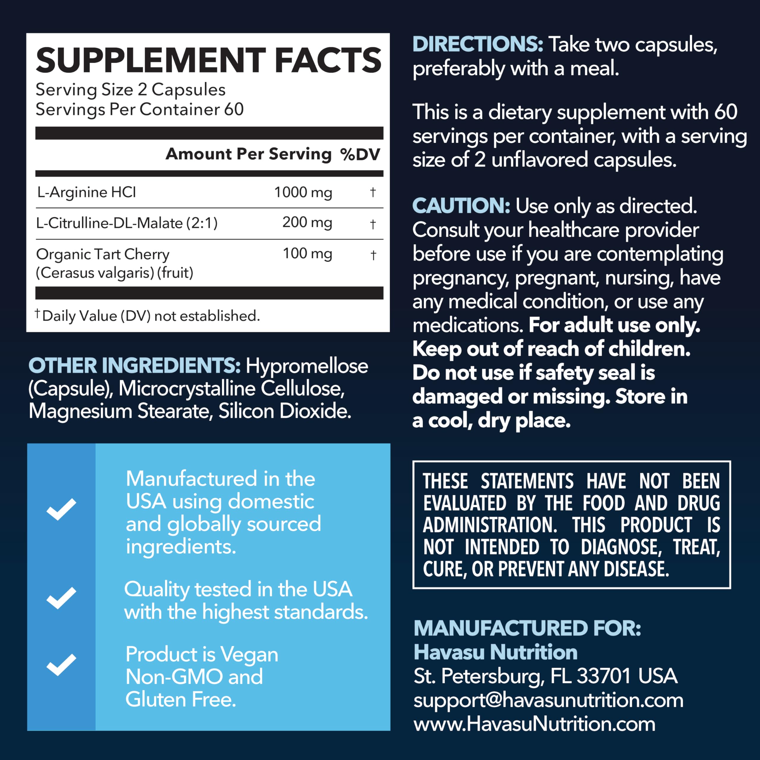 Étiquette HAVASU NUTRITION montrant les ingrédients L-Arginine et L-Citrulline.