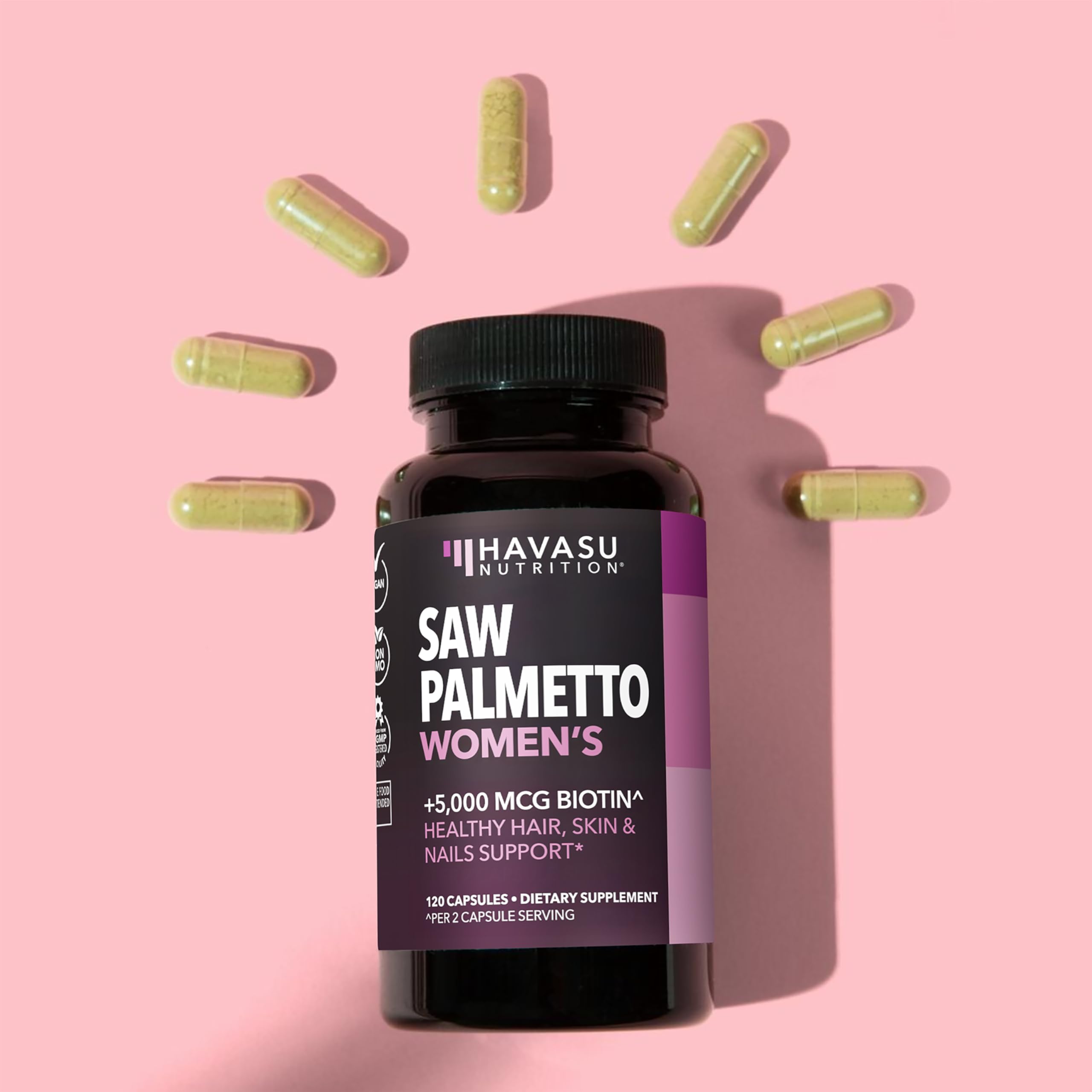 Étiquette sans OGM et présentation du produit Havasu Saw Palmetto Biotine.