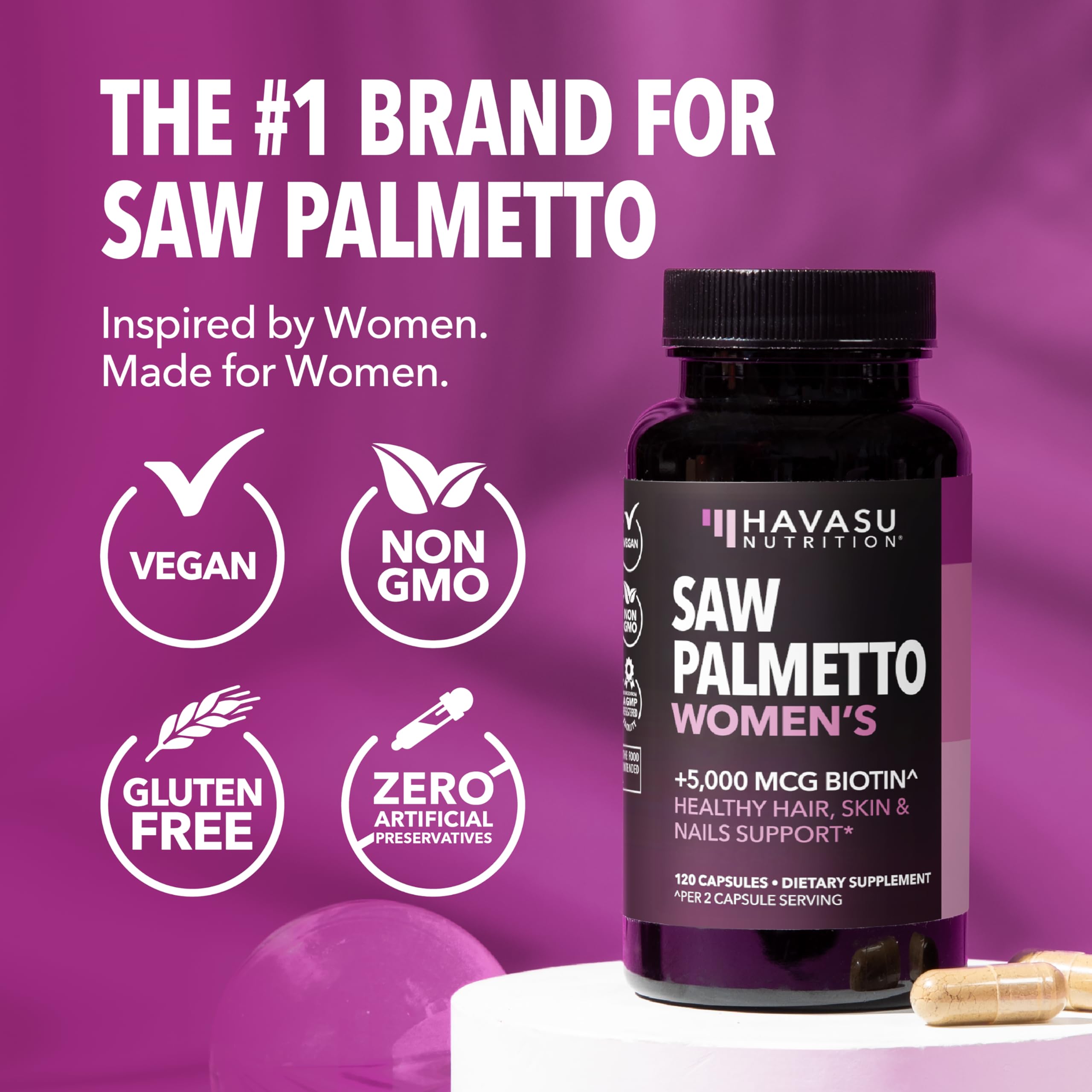 Capsules végétales Havasu Saw Palmetto Biotine pour la beauté durable.