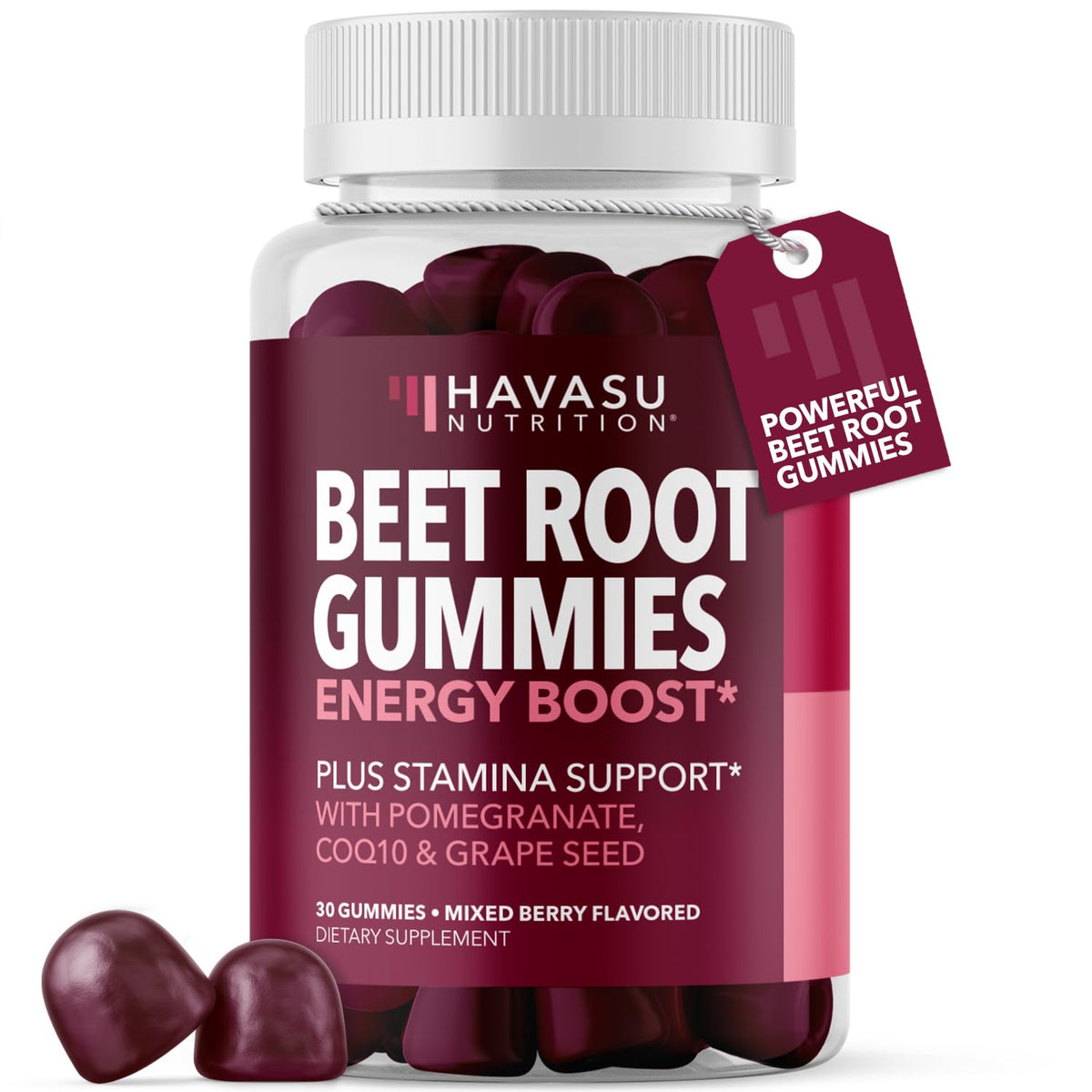 Gommes HAVASU Nutrition à base de betterave et COQ10 en bouteille, énergie et endurance potentielles.