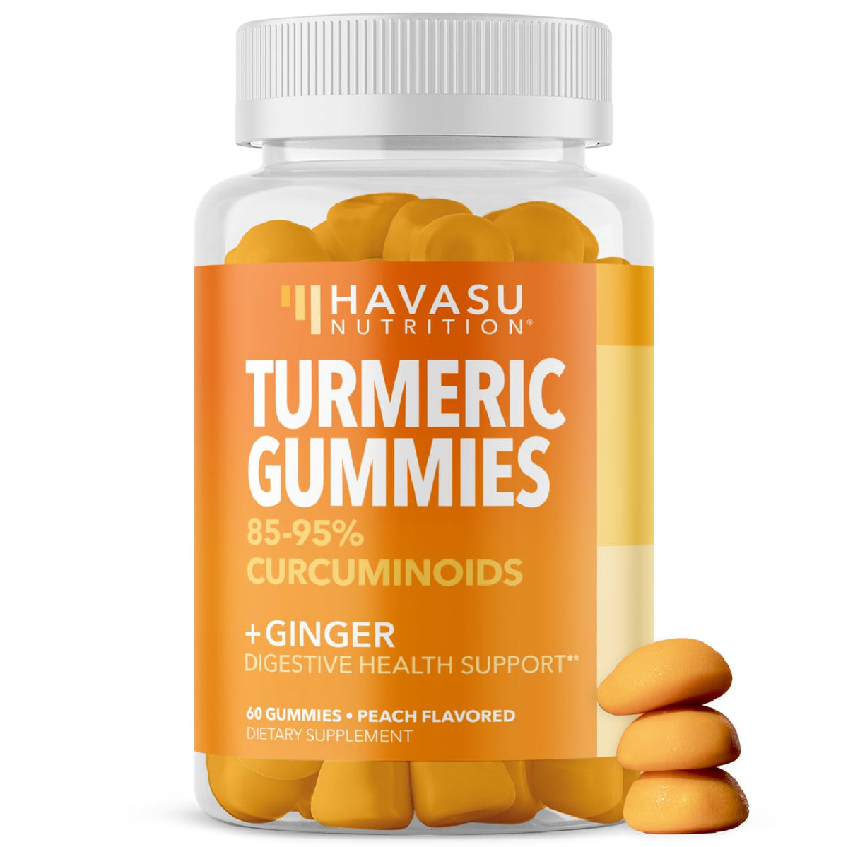 Gommes HAVASU Nutrition curcuma et gingembre, emballage élégant, faciles pour une routine quotidienne.