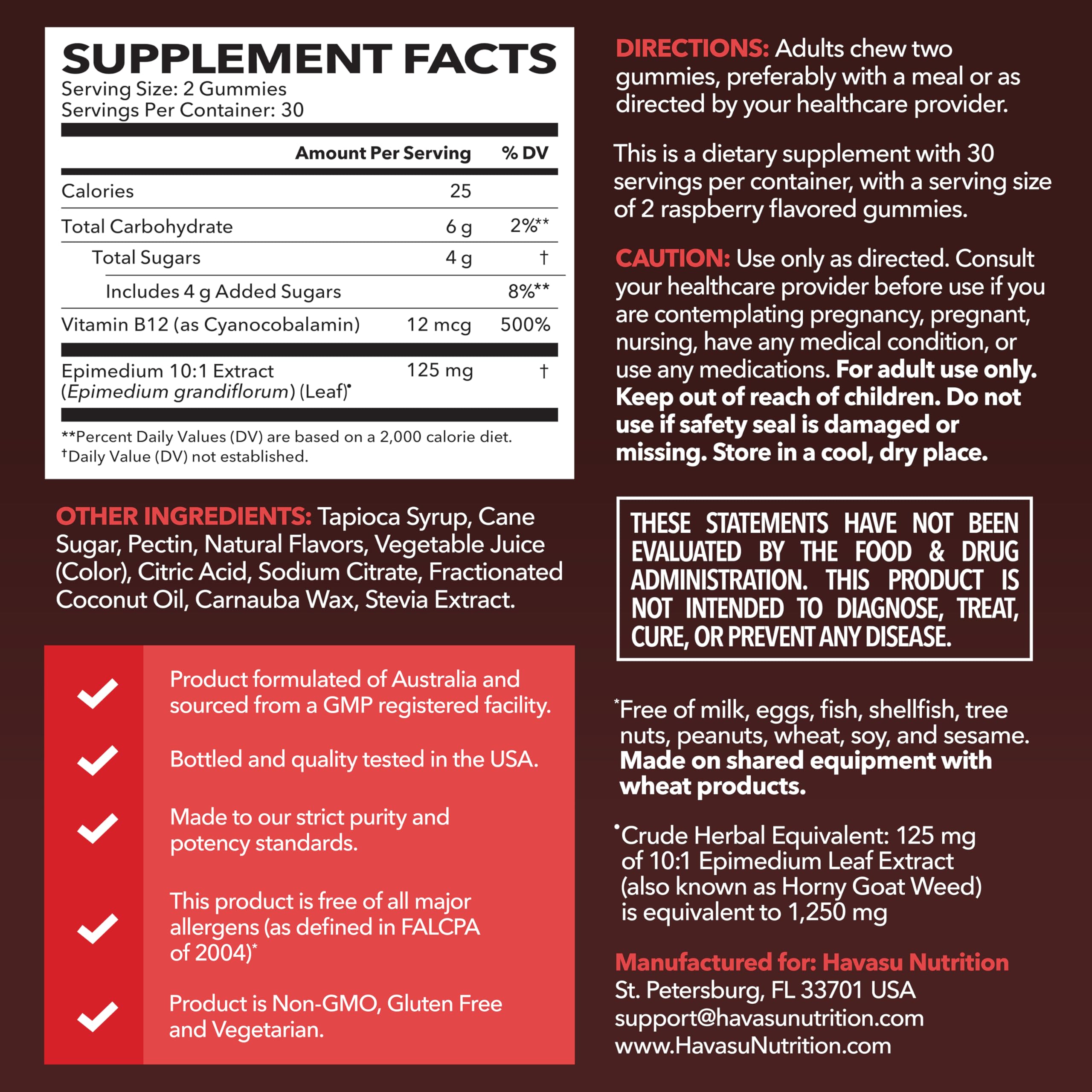 Gommes HAVASU NUTRITION épimede-emballage, emballage clair et informations produit.