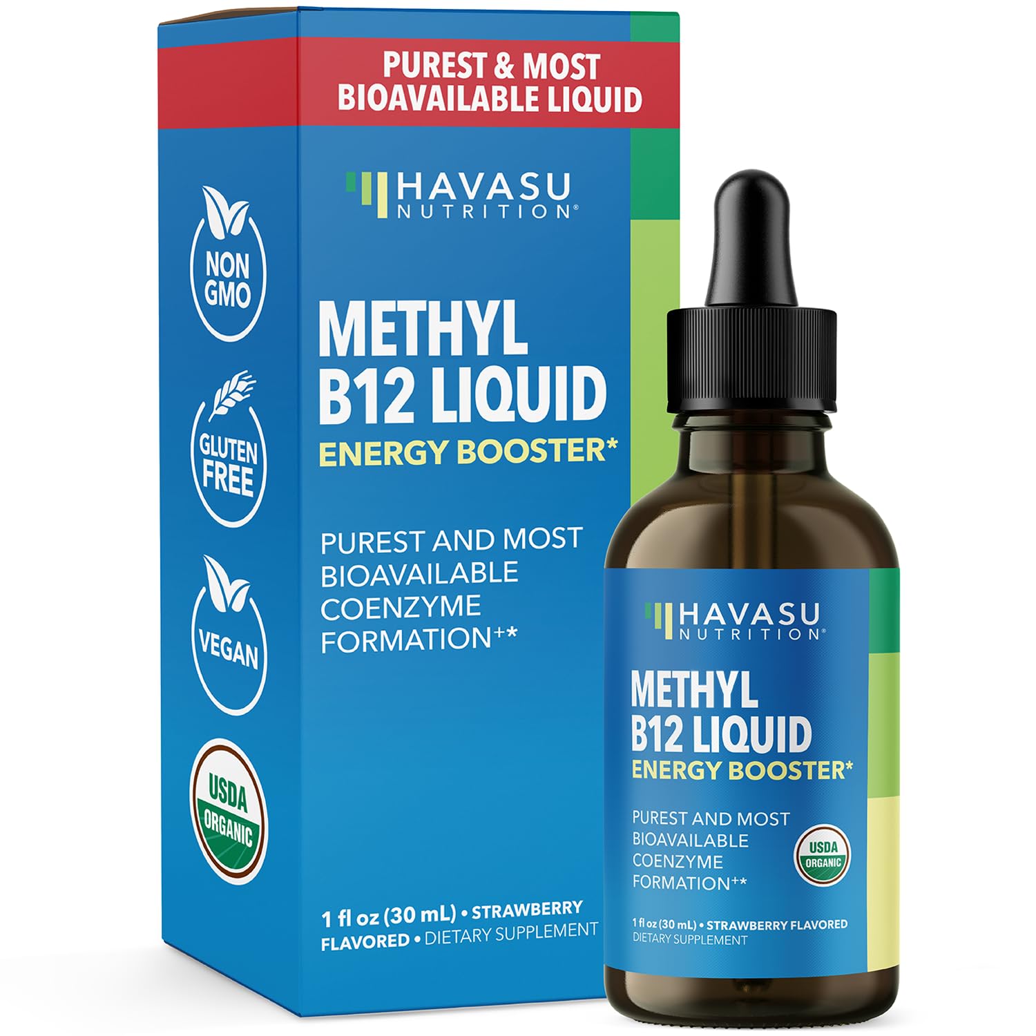 Gouttes HAVASU NUTRITION B12 méthylcobalamine en bouteille pour absorption supérieure.