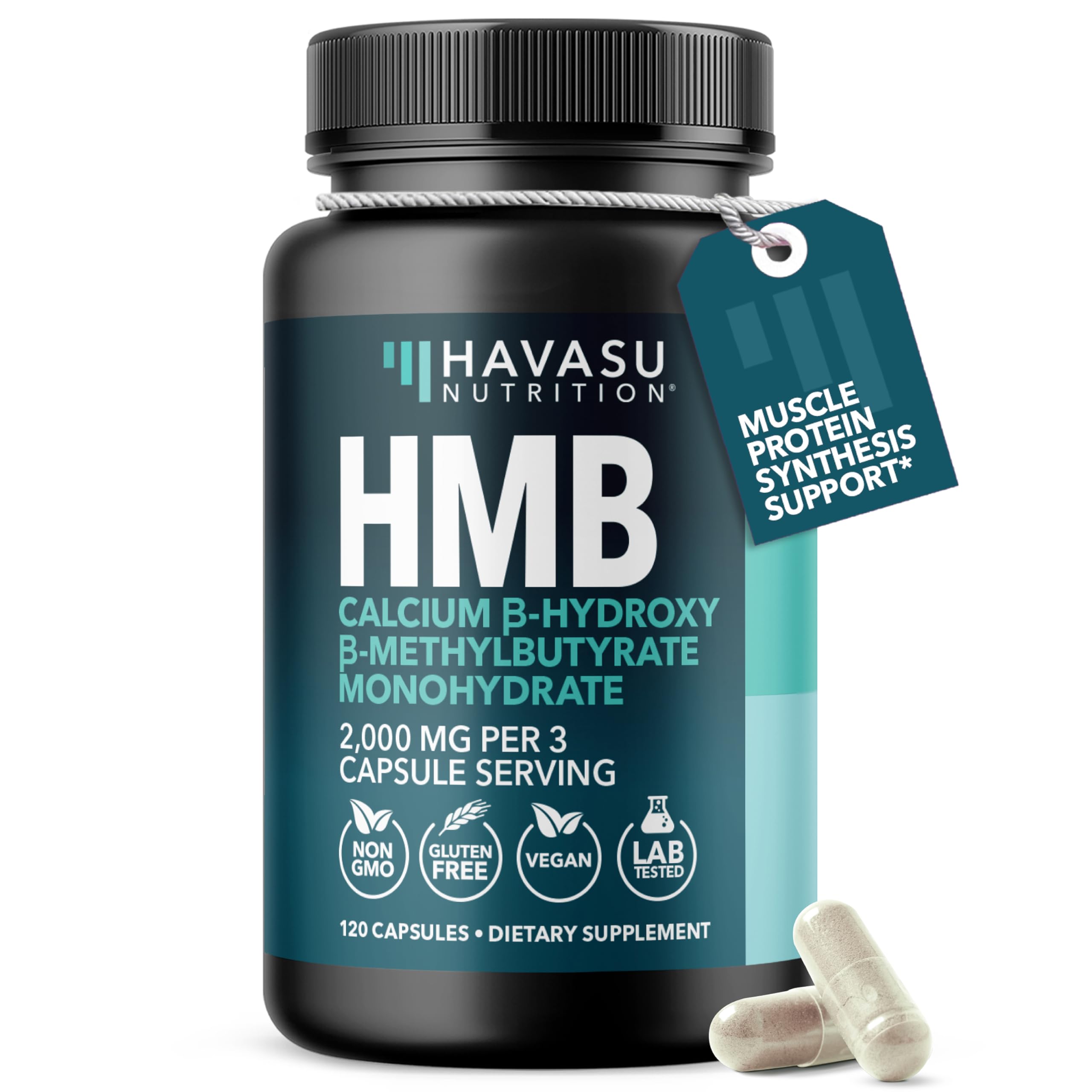 Bouteille HAVASU NUTRITION HMB 2000mg, soutien potentiel à la synthèse protéique musculaire.
