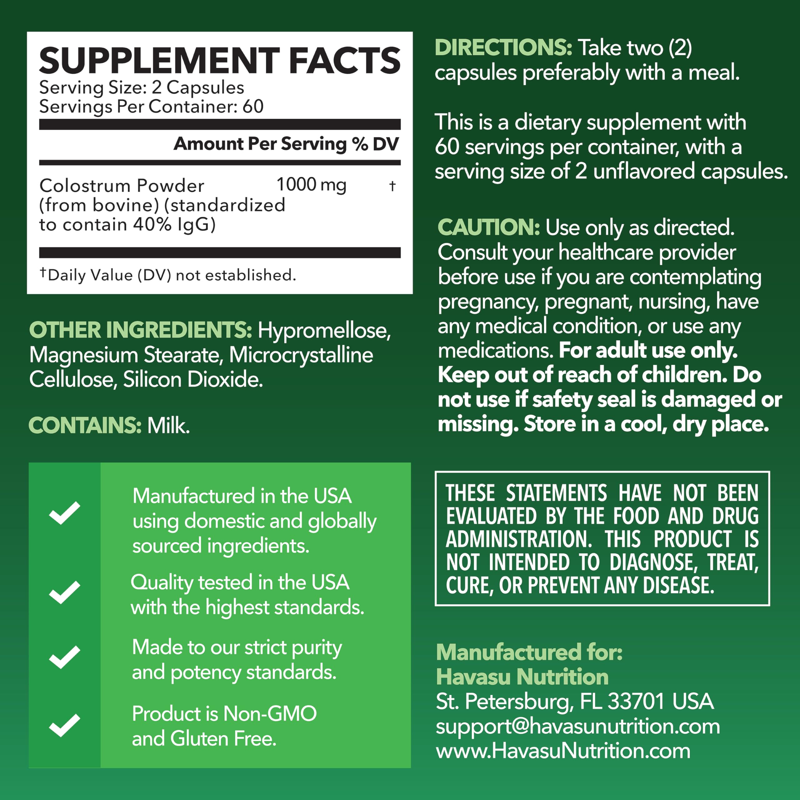 Capsules HAVASU NUTRITION avec IgG 40%, gélules visibles pour un soutien immunitaire potentiel.