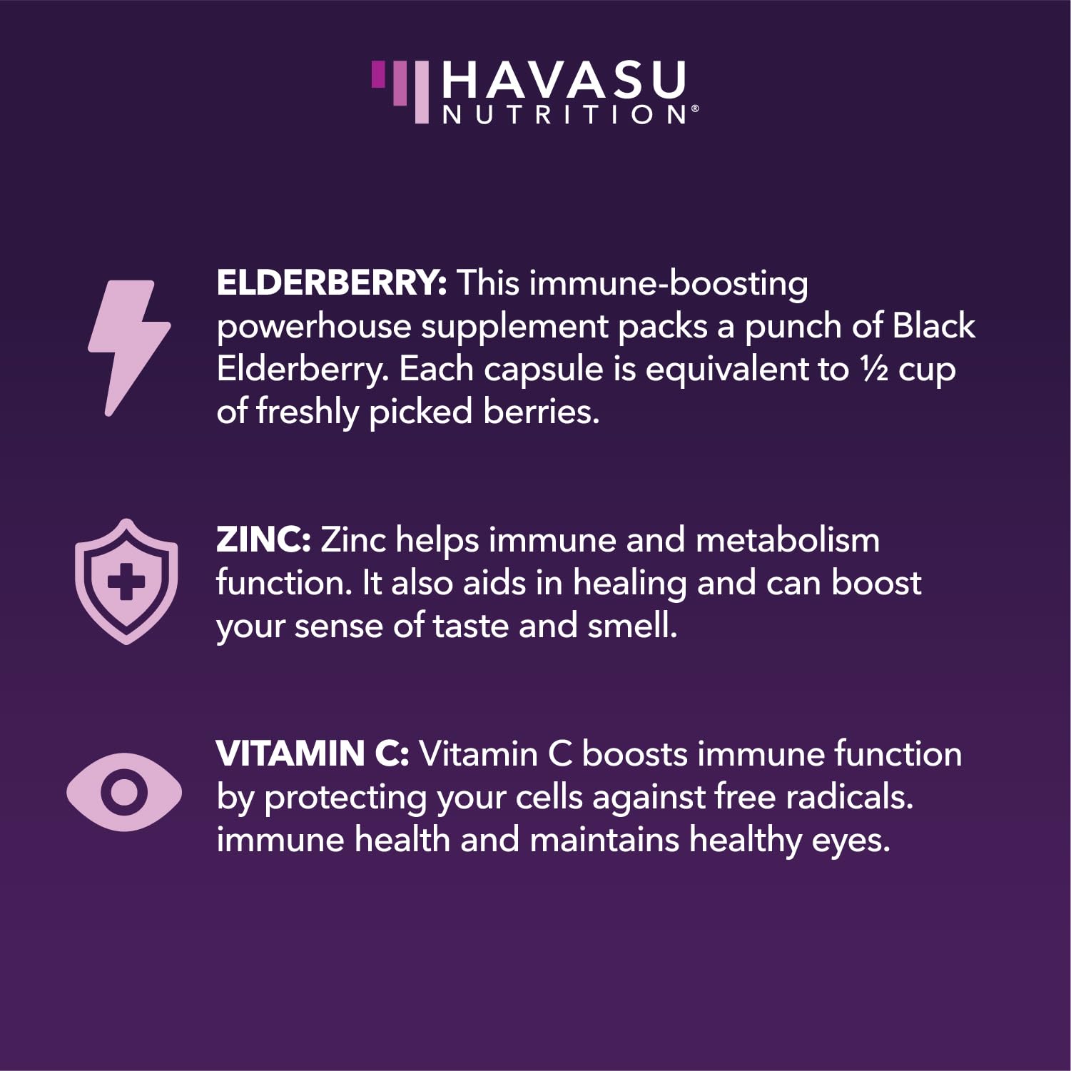 Ingrédients Sureau noir et antioxydants, HAVASU NUTRITION, pour soutenir les défenses naturelles.