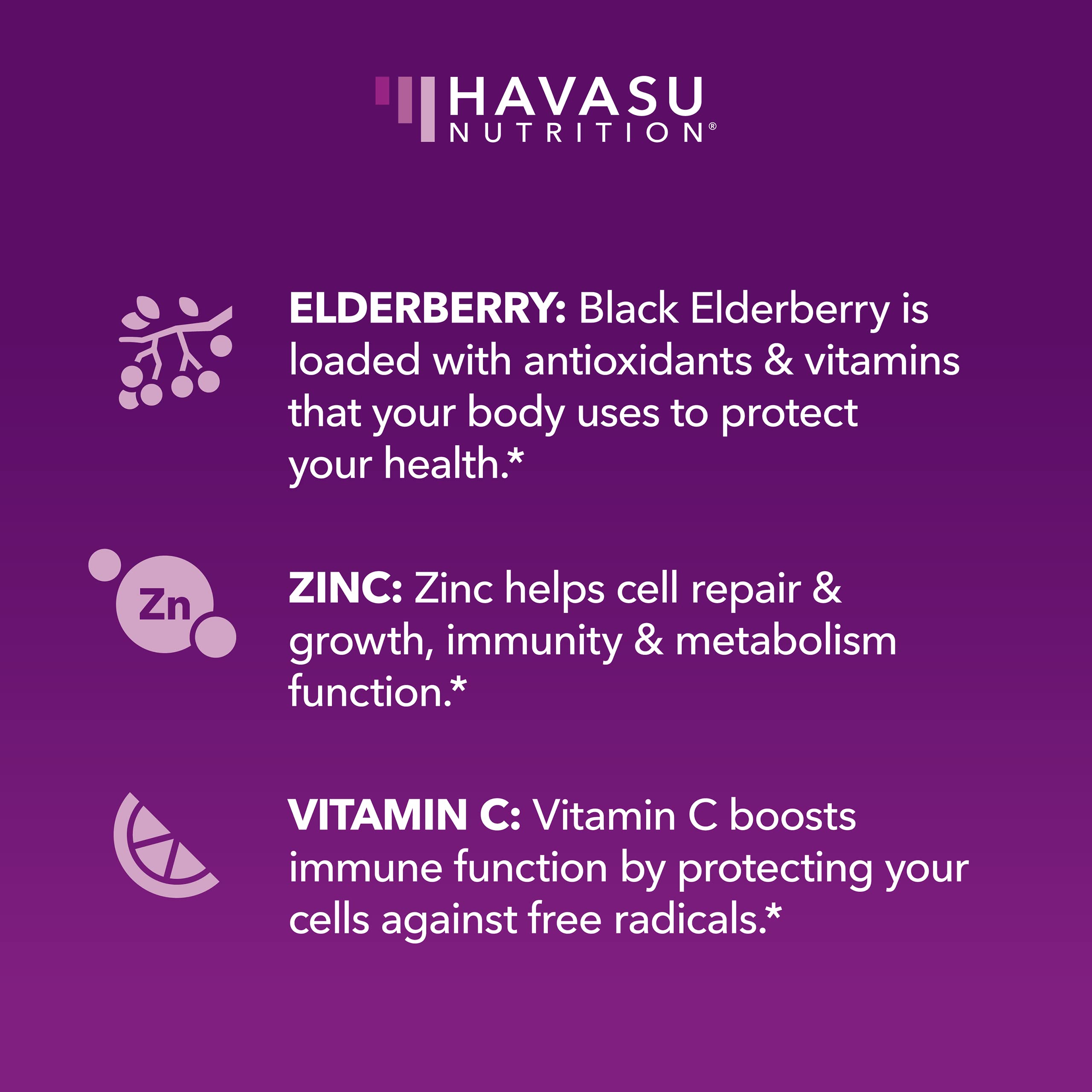 Ingrédients sureau, vitamine C et zinc pour l'équilibre HAVASU Nutrition