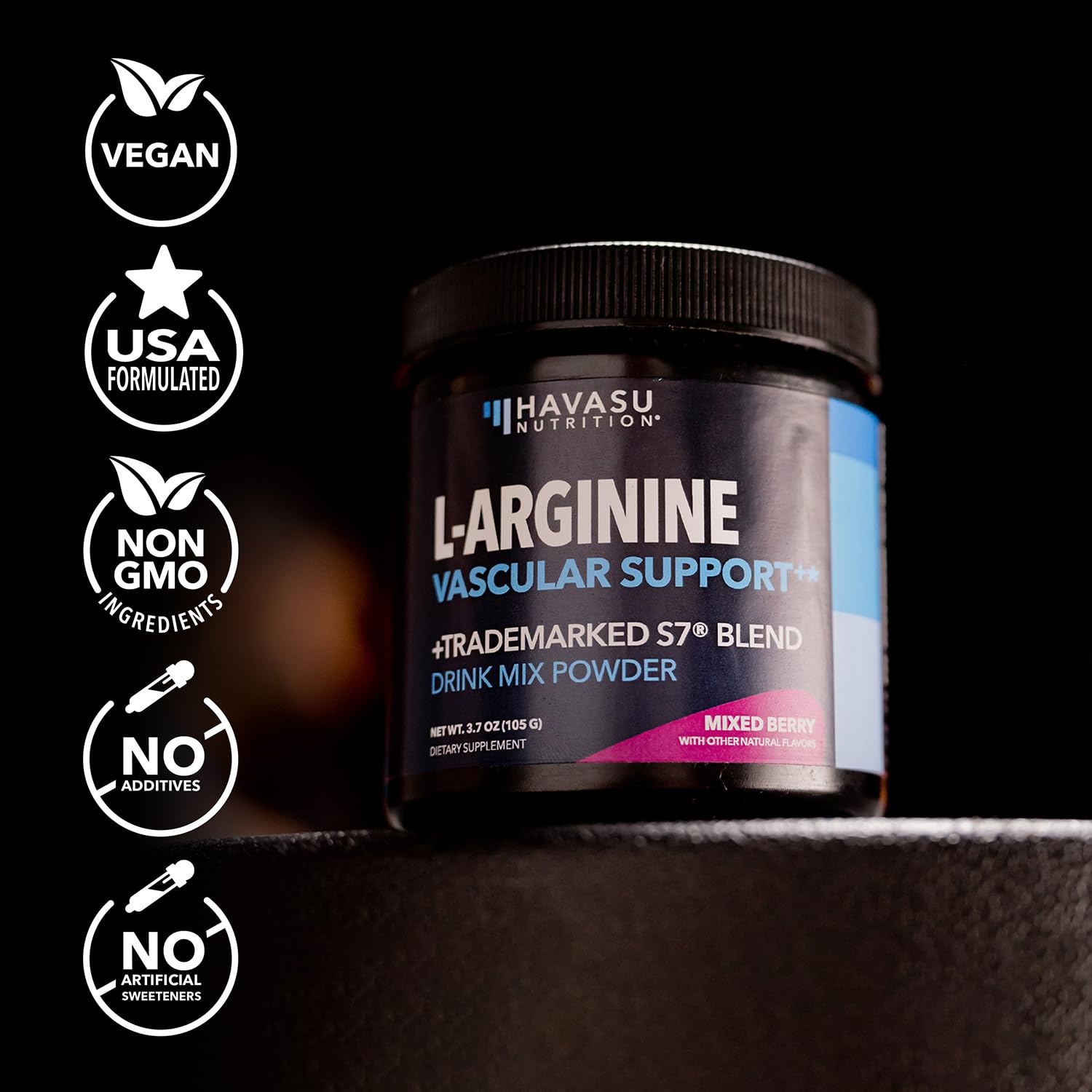 Étiquette Mélange S7 et betterave sur havasu-nutrition-l-arginine-poudre.