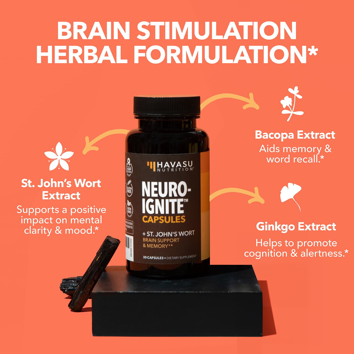 Étiquette indiquant Bacopa et Ginkgo Biloba pour une mémoire soutenue.