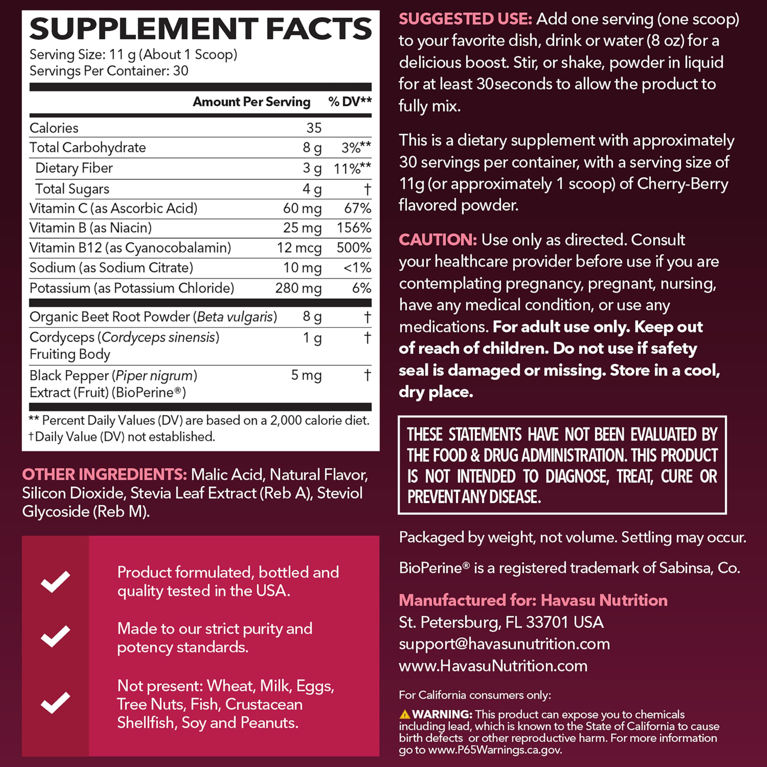 Poudre HAVASU Nutrition de betterave bio avec Cordyceps pour endurance et récupération