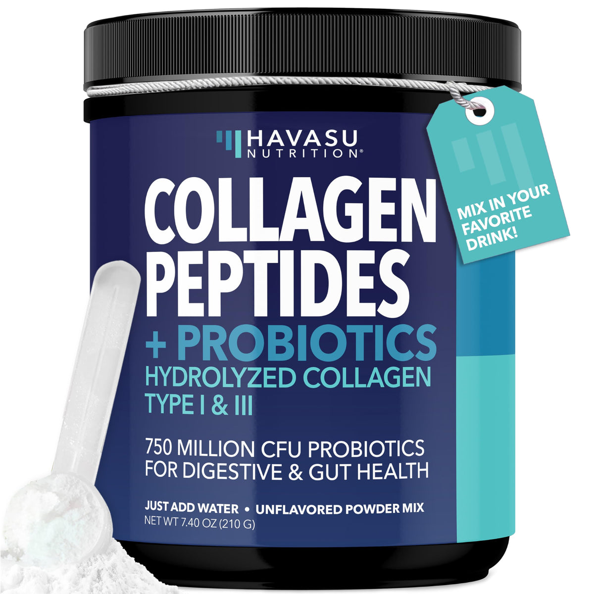 Collagène HAVASU Nutrition avec probiotiques dans un verre d'eau, soutien quotidien à la peau