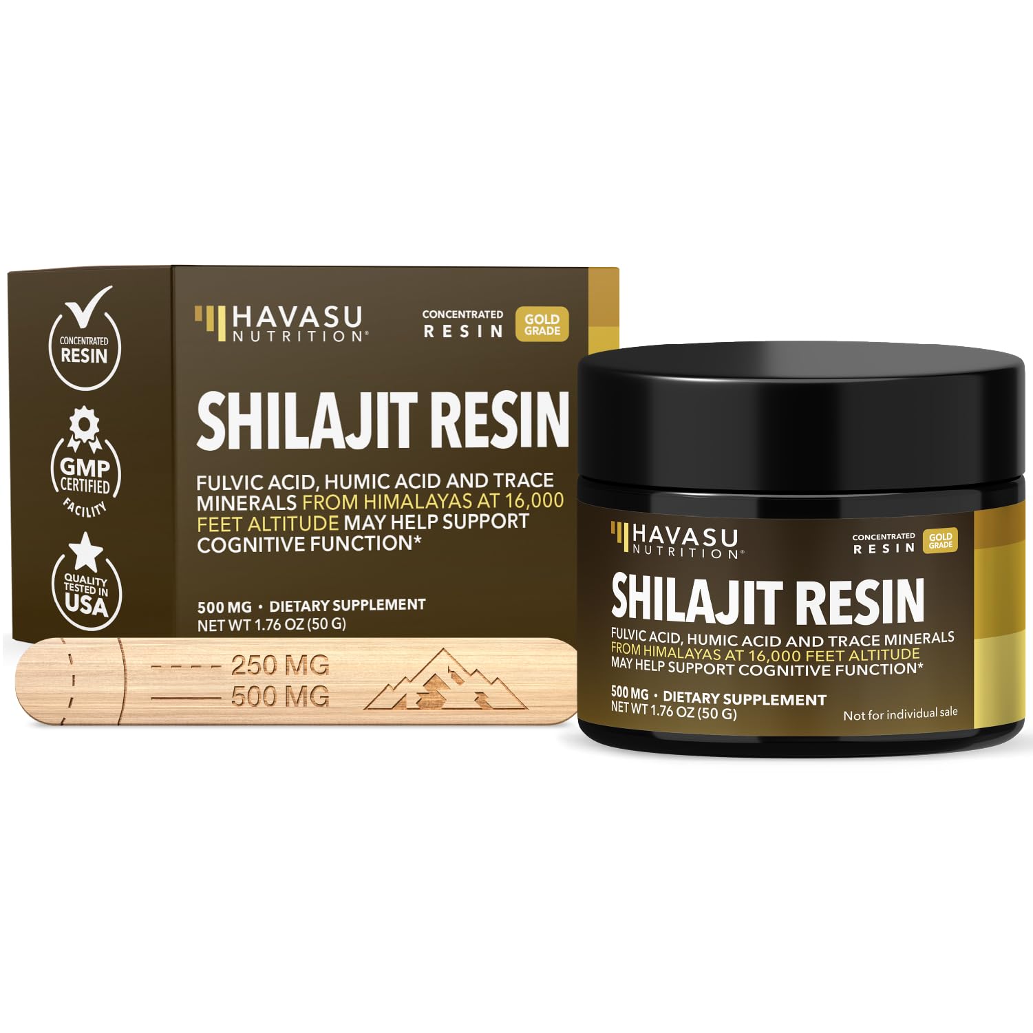 Résine Shilajit HAVASU NUTRITION en bouteille, source de minéraux.