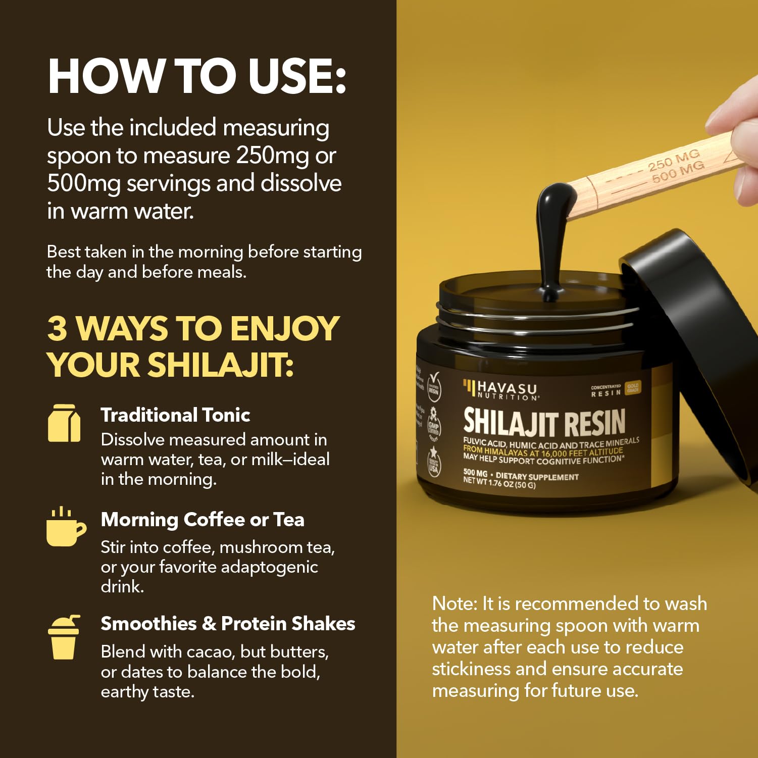 Rituel matinal HAVASU NUTRITION avec résine Shilajit.