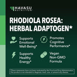 Capsules Havasu Nutrition Rhodiola Rosea, format pratique pour prise quotidienne.
