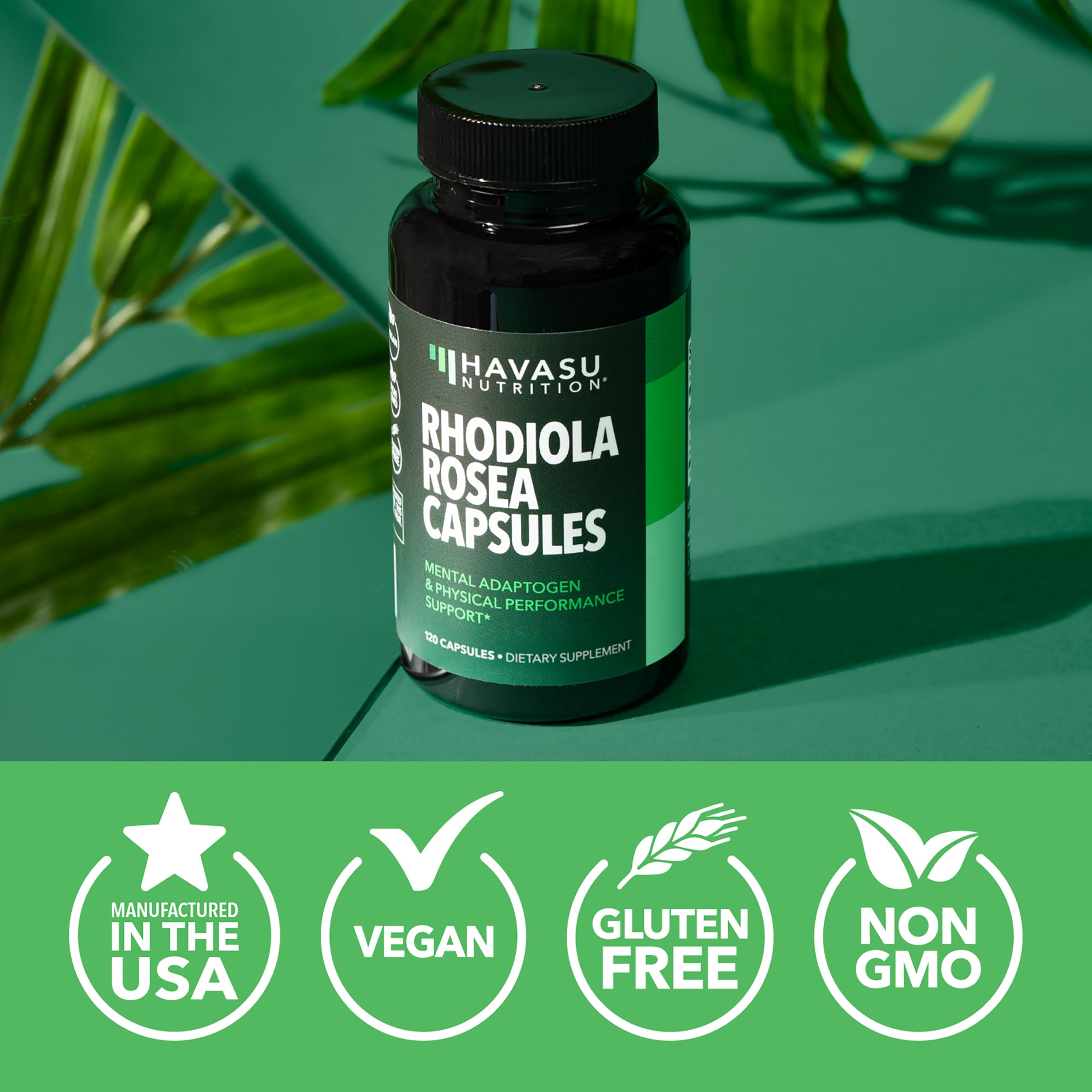 Étiquettes Havasu Nutrition Rhodiola Rosea indiquant végan et sans gluten.