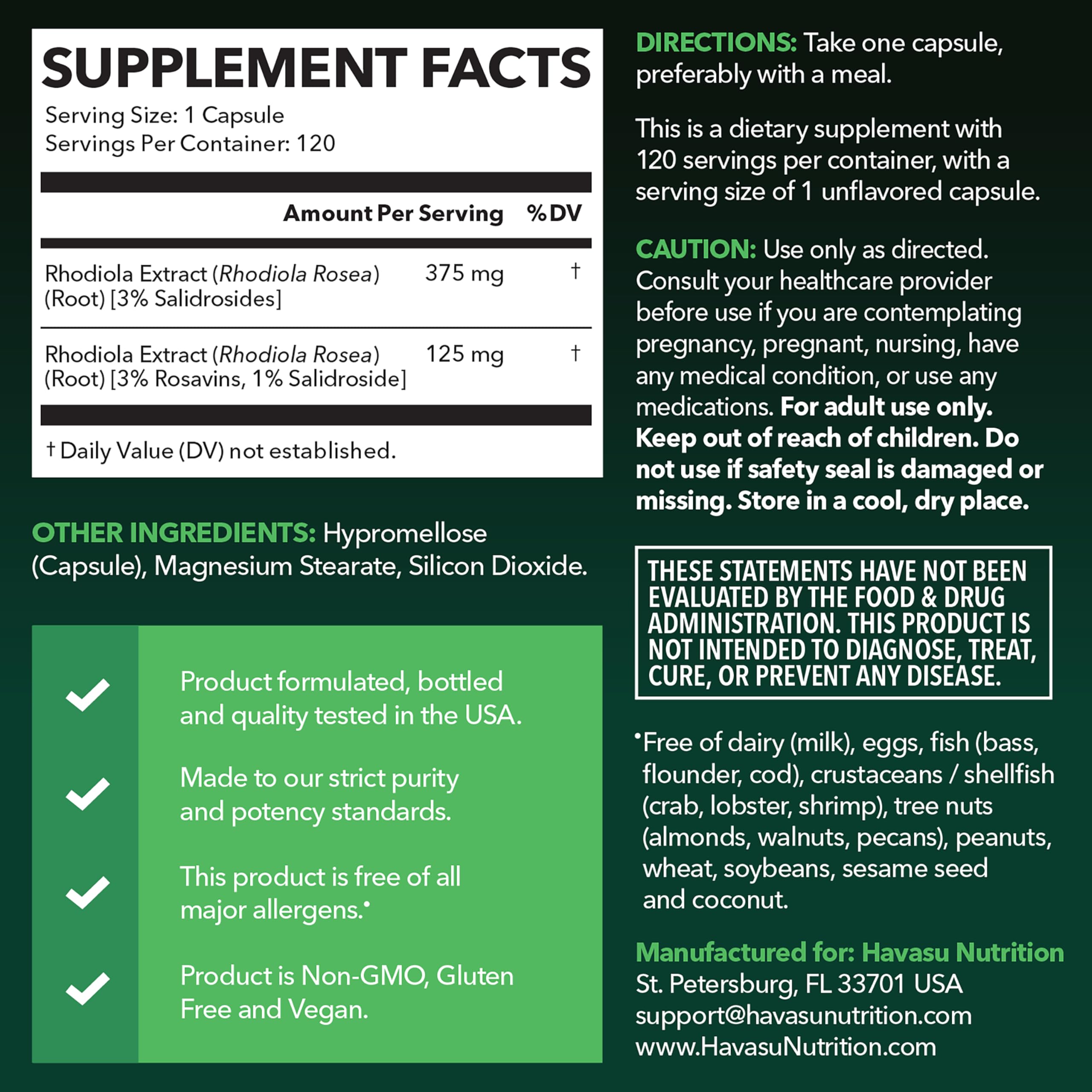 Étiquette Havasu Nutrition Rhodiola Rosea avec dosage et ingrédients.