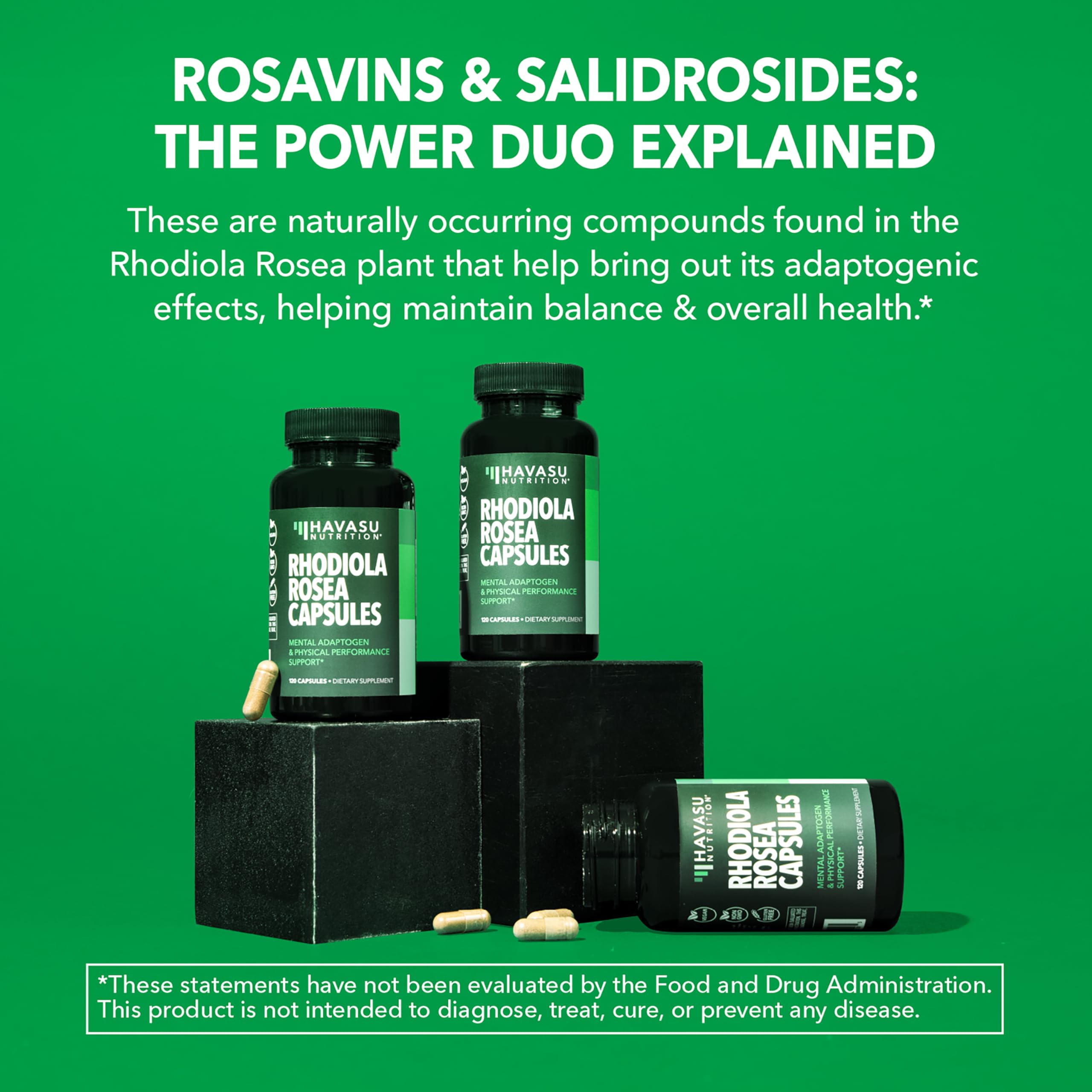Capsules Havasu Rhodiola Rosea présentées pour le plan quotidien.