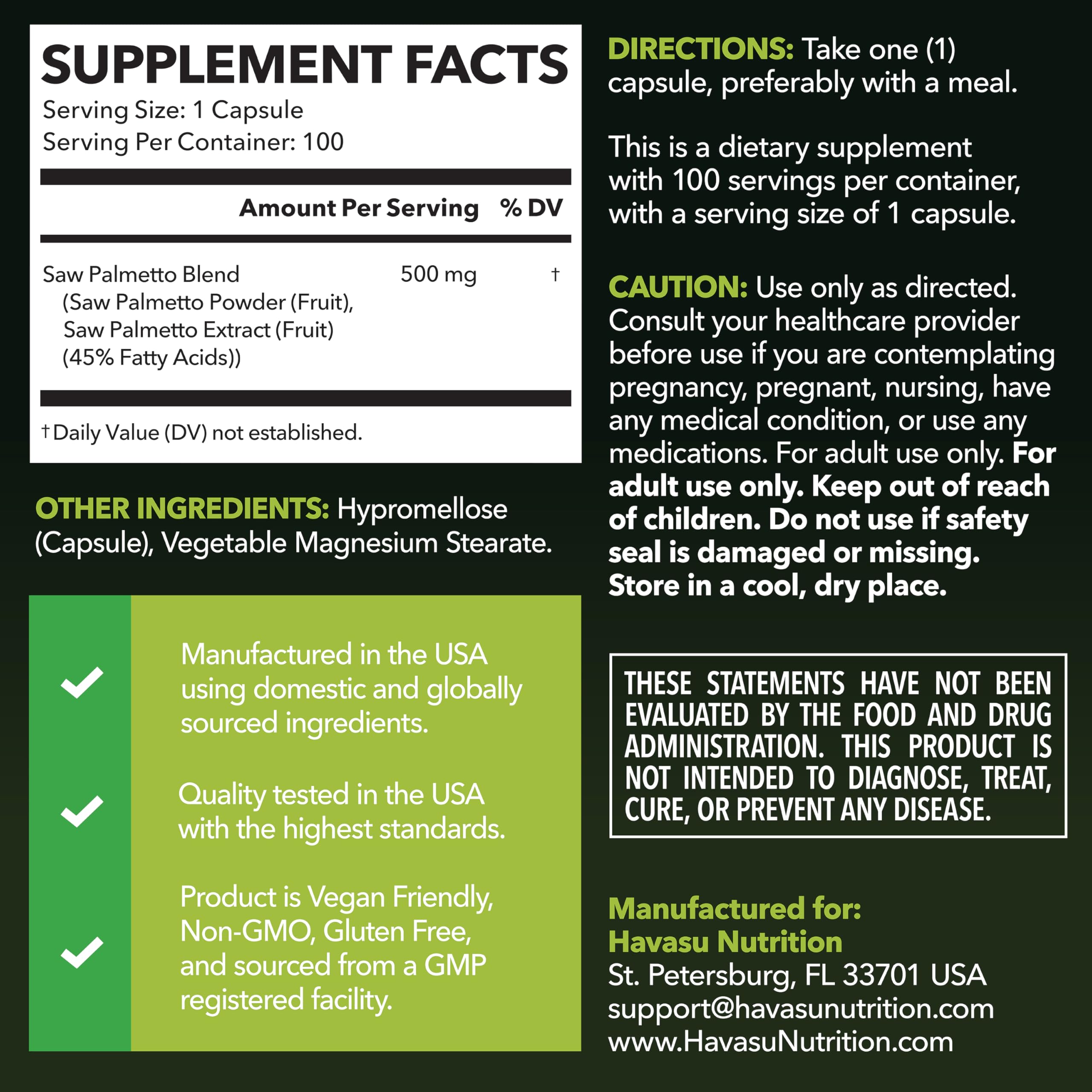 Havasu Nutrition Saw Palmetto - bouteille, prise quotidienne pratique.
