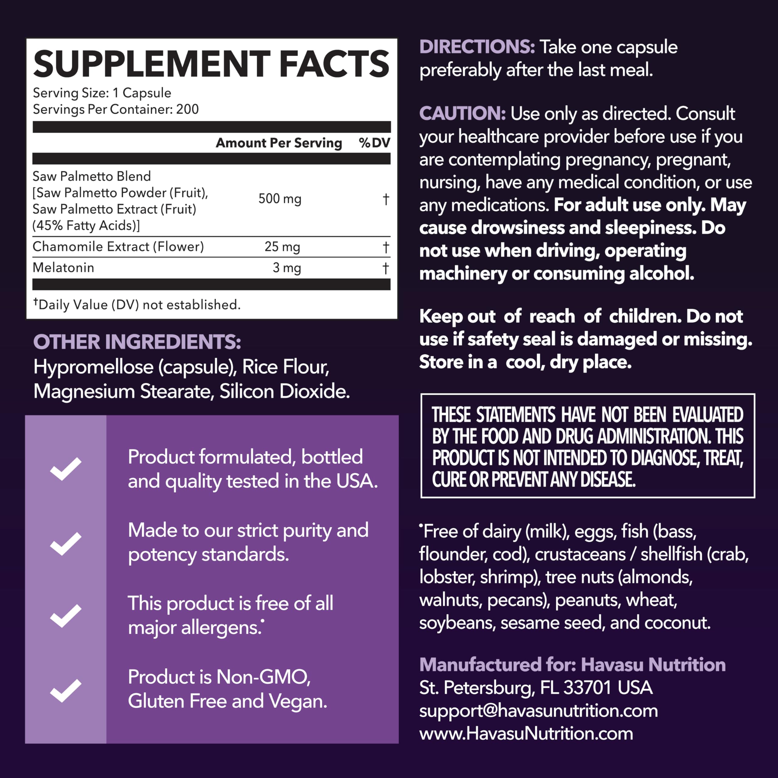 Capsules véganes HAVASU Saw Palmetto PM, faciles à prendre pour un sommeil réparateur.