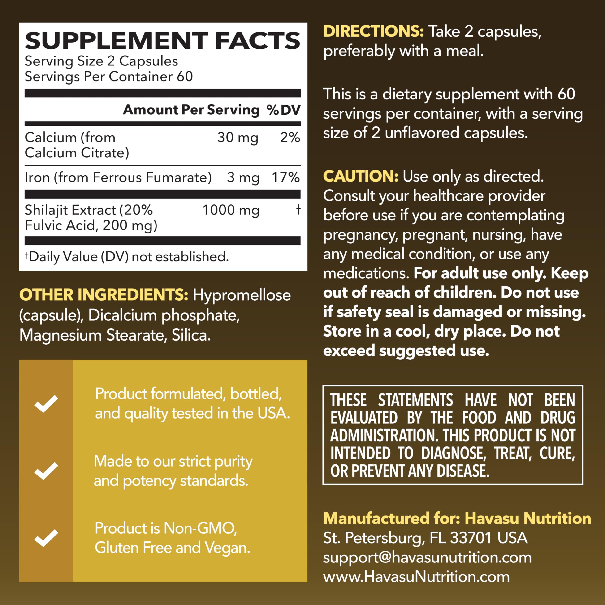 Capsules HAVASU NUTRITION Shilajit dans la bouteille, soutien immunitaire potentiel.