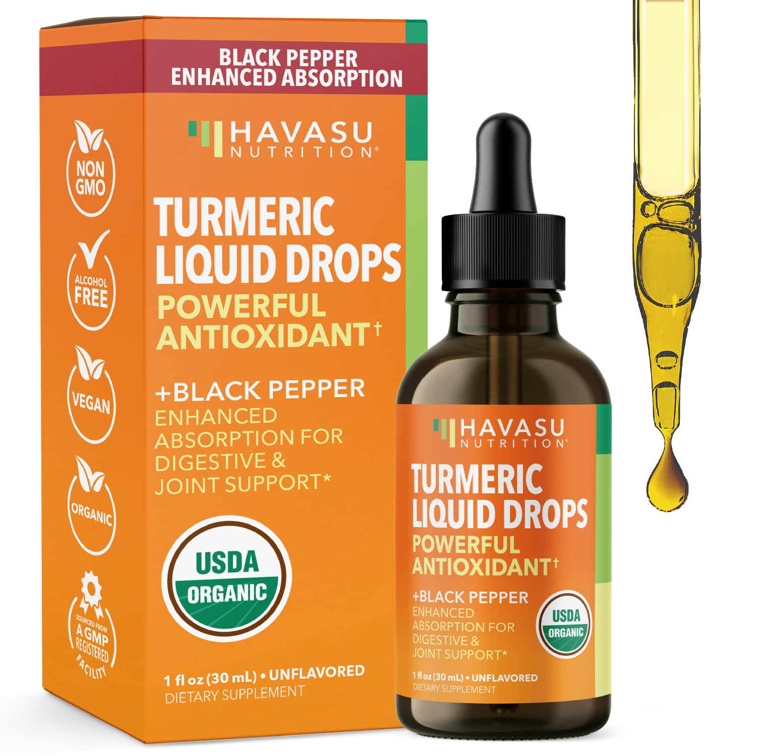 Havasu Nutrition Turmeric liquide — bouteille avec compte-gouttes pour dosage facile.