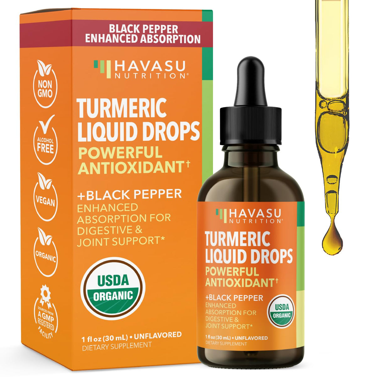 Havasu Nutrition Turmeric liquide — bouteille avec compte-gouttes pour dosage facile.