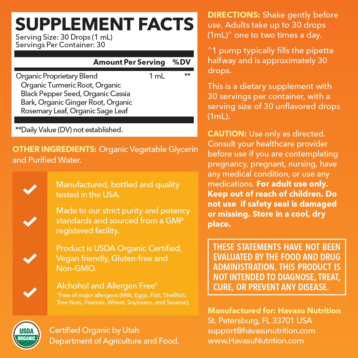 Havasu Nutrition Turmeric liquide — étiquette lisible facilitant la compréhension des usages.